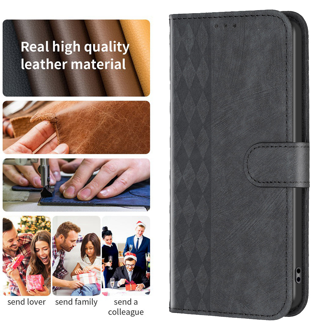 Uniqkart for iPhone 15 Plus Mobile Phone Case Stand Wallet Imprinted Rhombus PU Leather Cell Phone Cover - Black