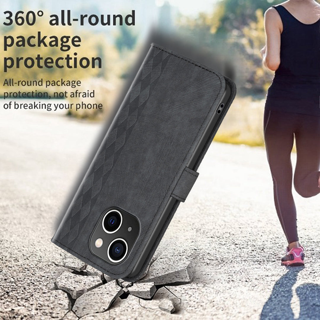 Uniqkart for iPhone 15 Plus Mobile Phone Case Stand Wallet Imprinted Rhombus PU Leather Cell Phone Cover - Black