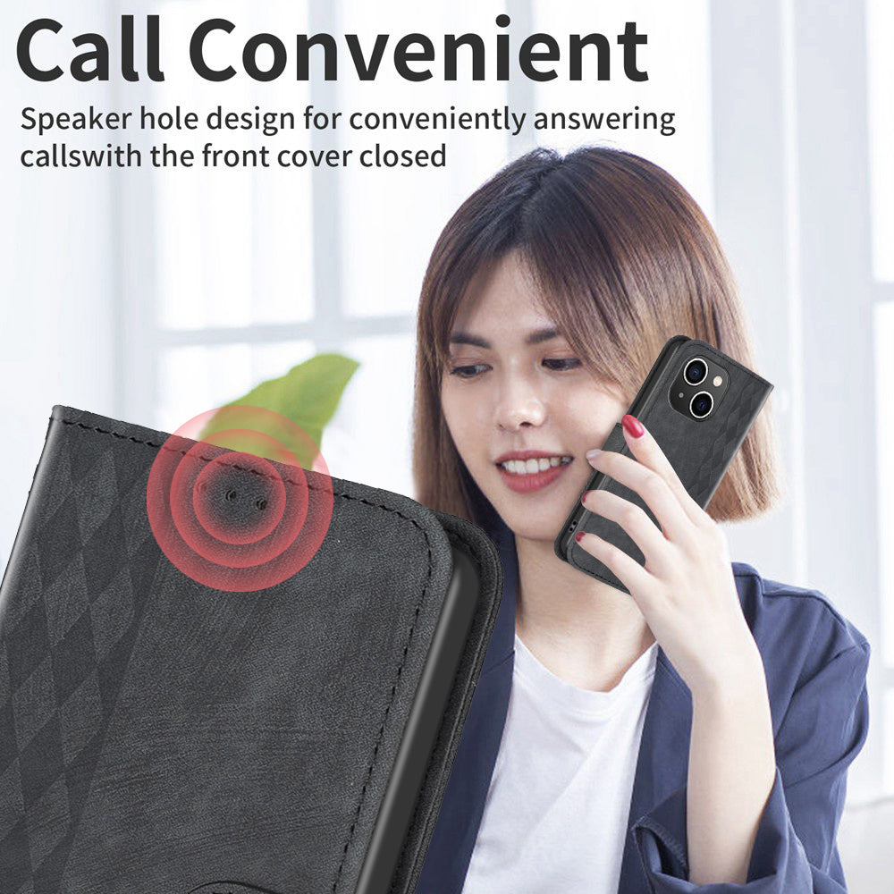 Uniqkart for iPhone 15 Plus Mobile Phone Case Stand Wallet Imprinted Rhombus PU Leather Cell Phone Cover - Black