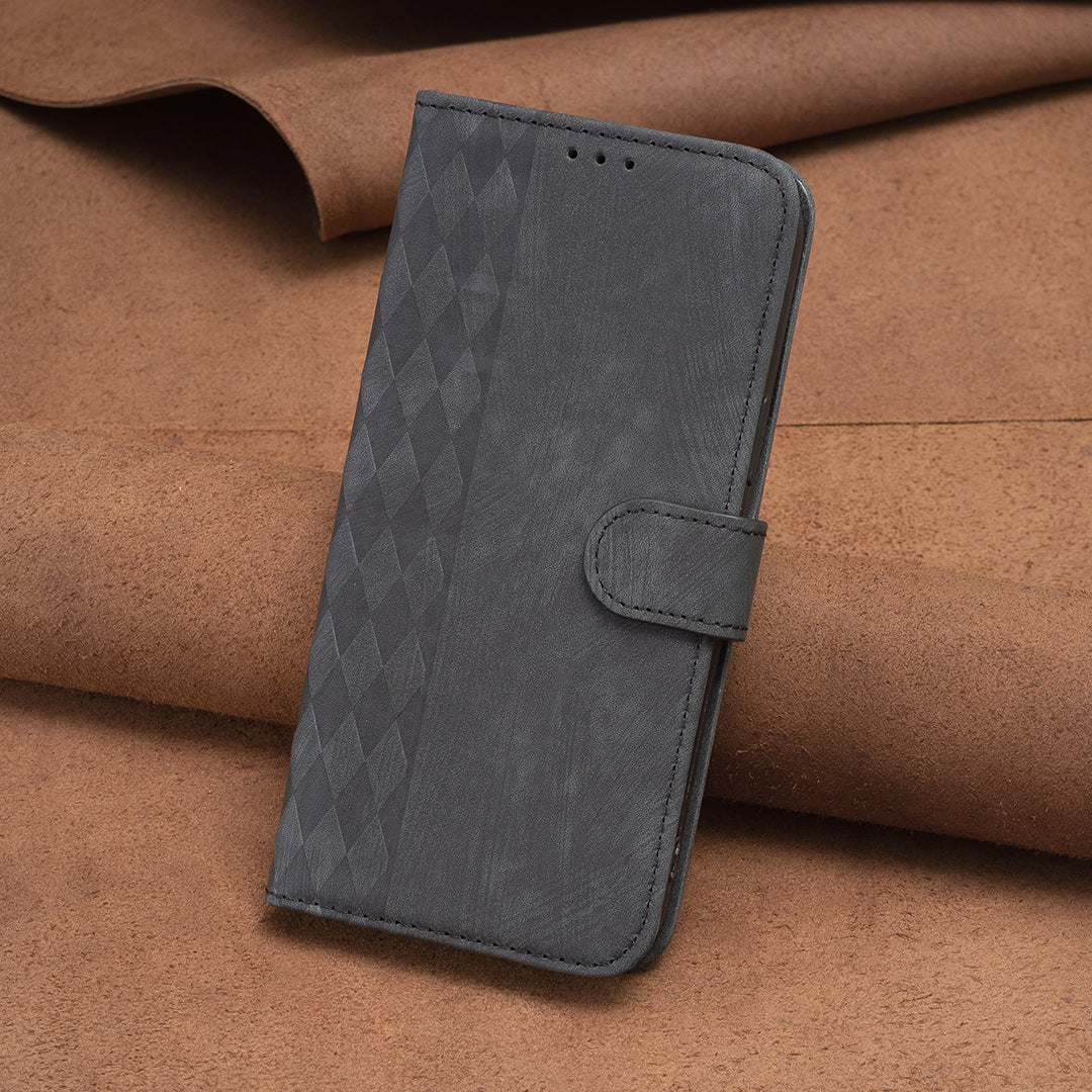 Uniqkart for iPhone 15 Plus Mobile Phone Case Stand Wallet Imprinted Rhombus PU Leather Cell Phone Cover - Black