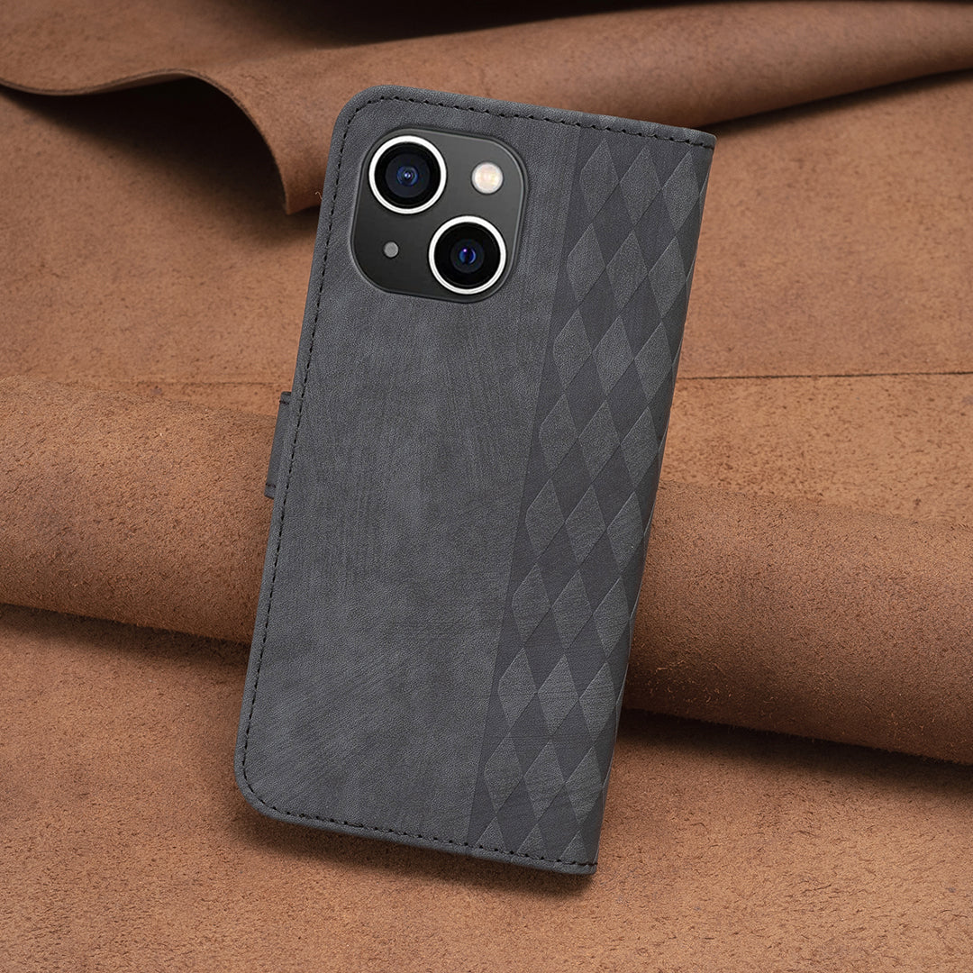 Uniqkart for iPhone 15 Plus Mobile Phone Case Stand Wallet Imprinted Rhombus PU Leather Cell Phone Cover - Black