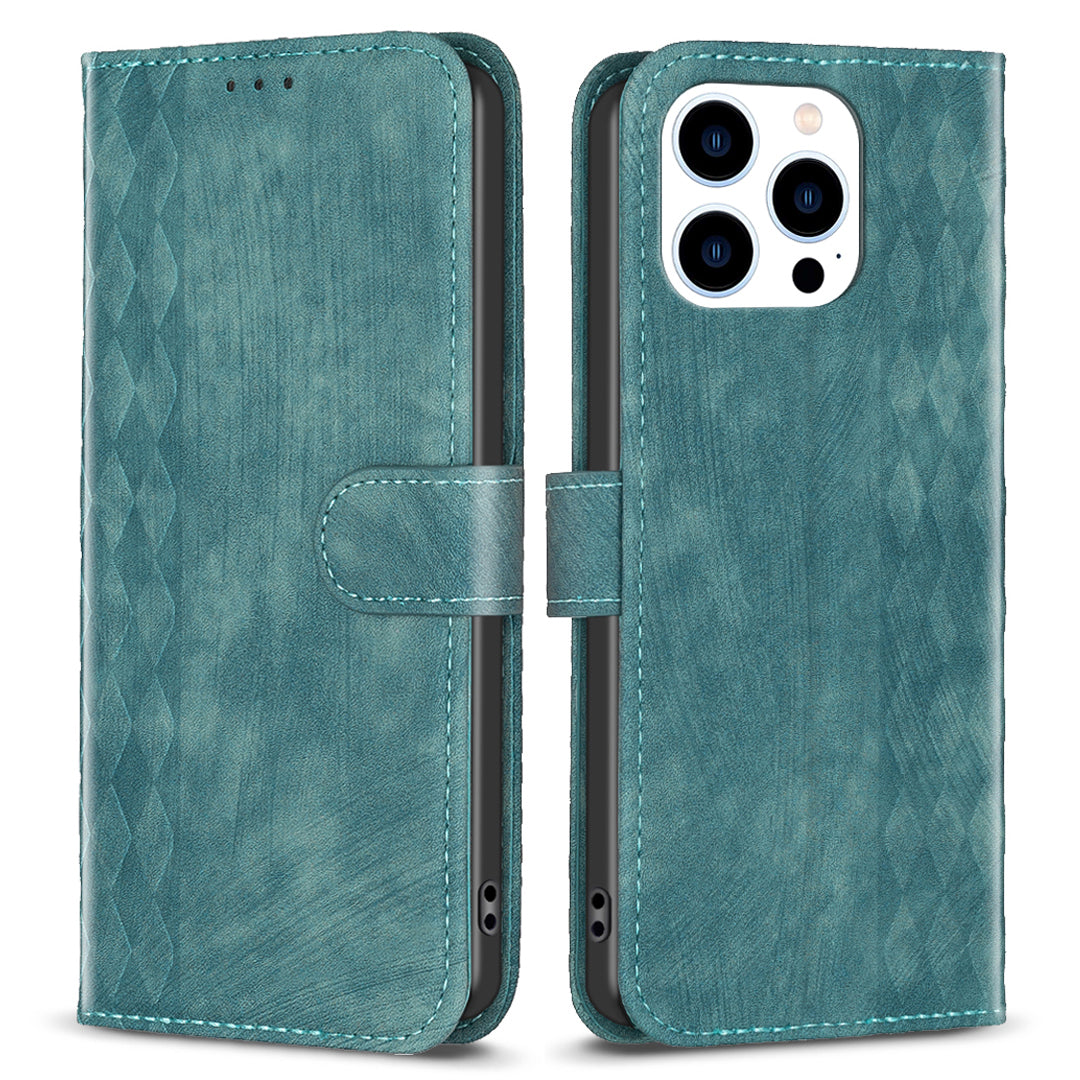 Uniqkart for iPhone 15 Pro Mobile Phone Stand Case Wallet Imprinted Rhombus PU Leather Anti-drop Phone Cover - Green