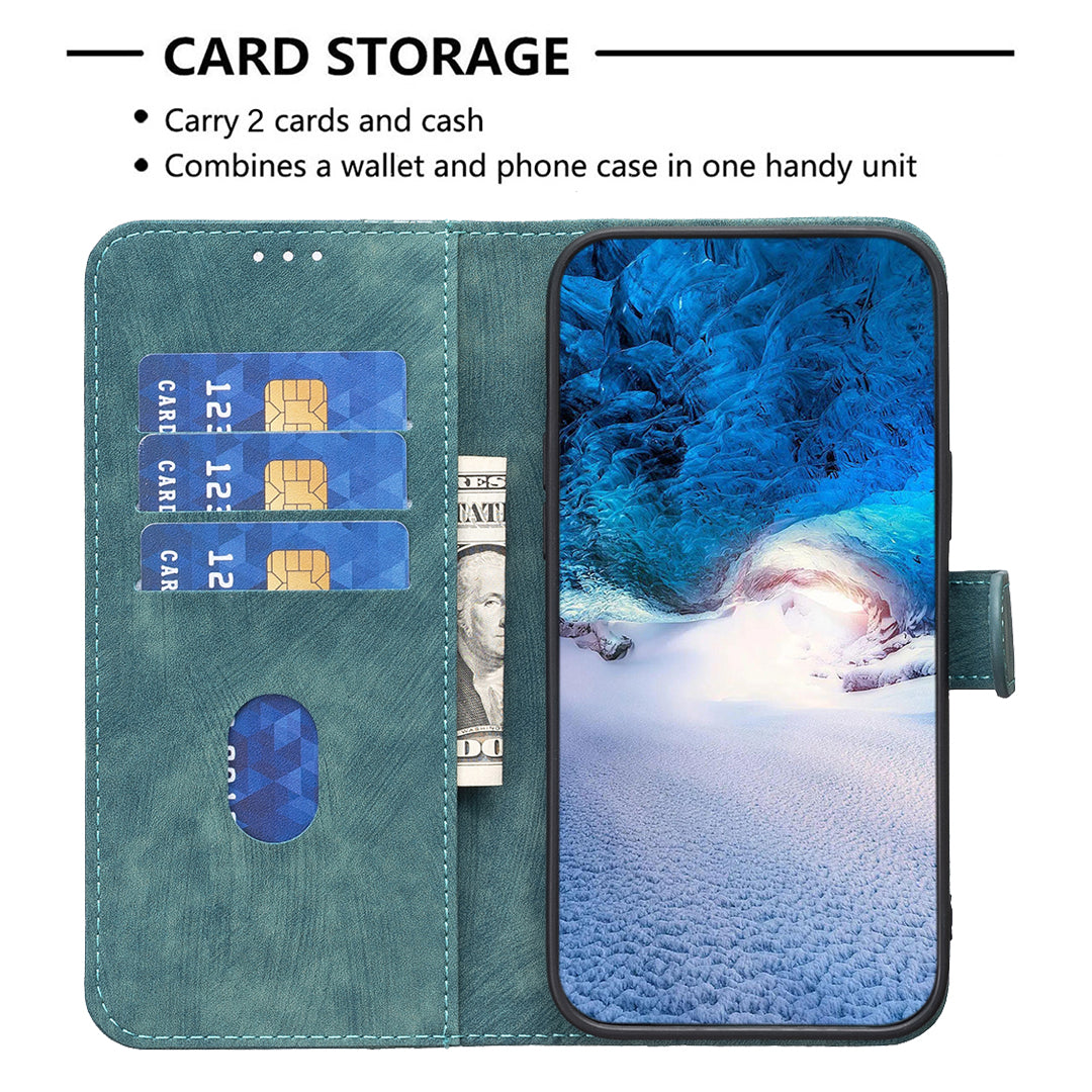 Uniqkart for iPhone 15 Pro Mobile Phone Stand Case Wallet Imprinted Rhombus PU Leather Anti-drop Phone Cover - Green