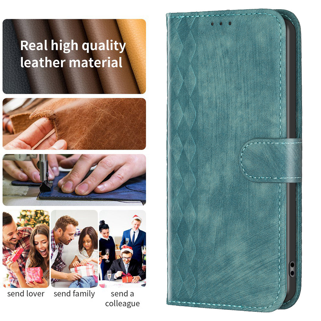 Uniqkart for iPhone 15 Pro Mobile Phone Stand Case Wallet Imprinted Rhombus PU Leather Anti-drop Phone Cover - Green