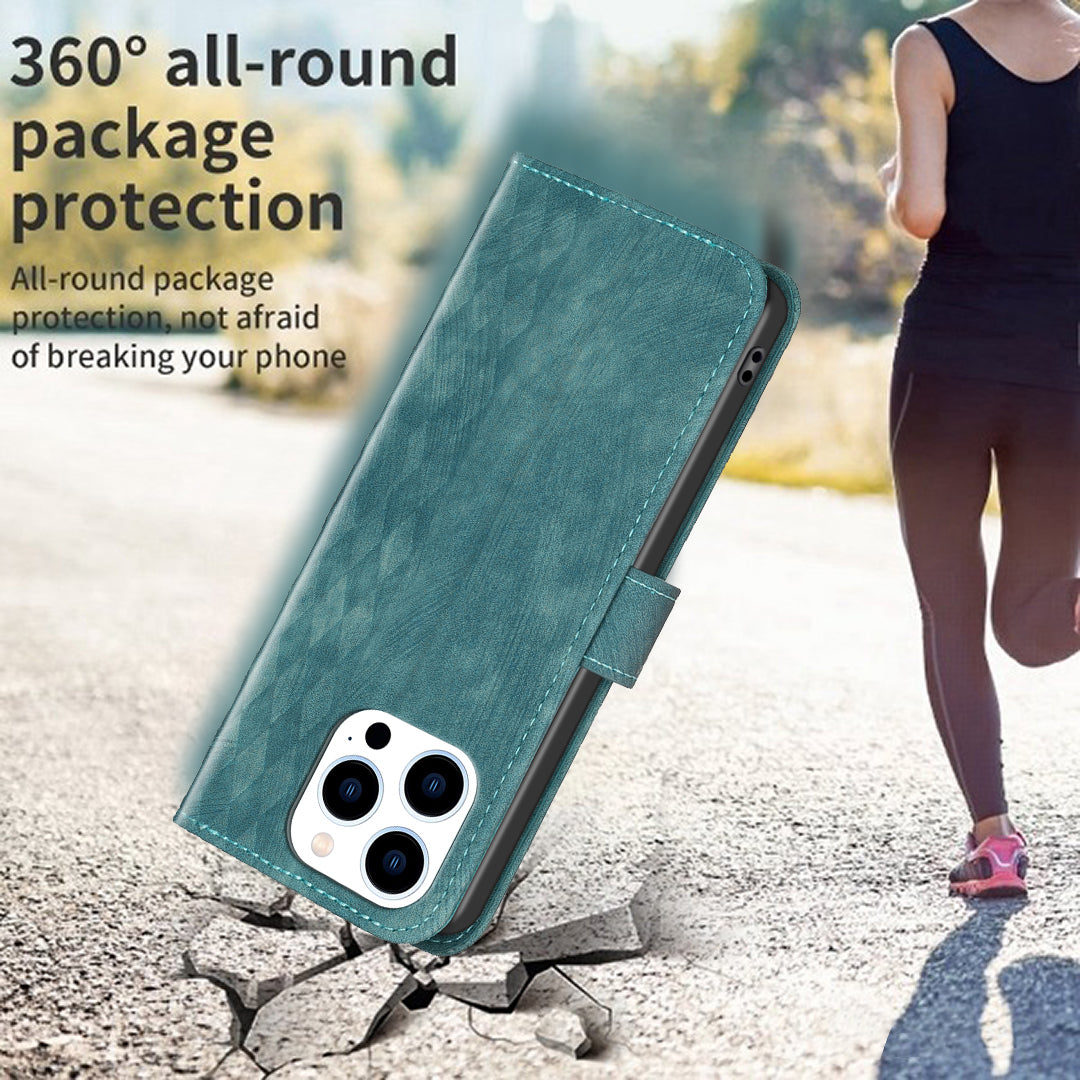 Uniqkart for iPhone 15 Pro Mobile Phone Stand Case Wallet Imprinted Rhombus PU Leather Anti-drop Phone Cover - Green