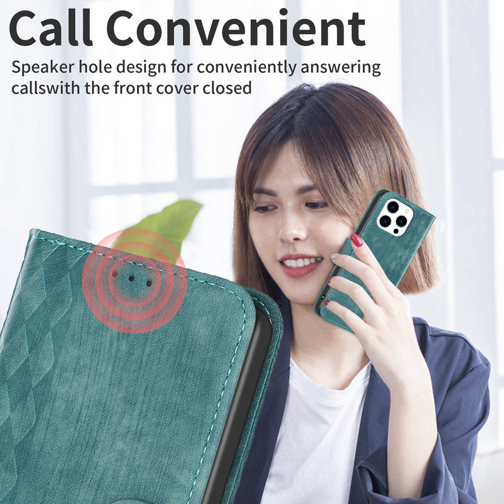 Uniqkart for iPhone 15 Pro Mobile Phone Stand Case Wallet Imprinted Rhombus PU Leather Anti-drop Phone Cover - Green