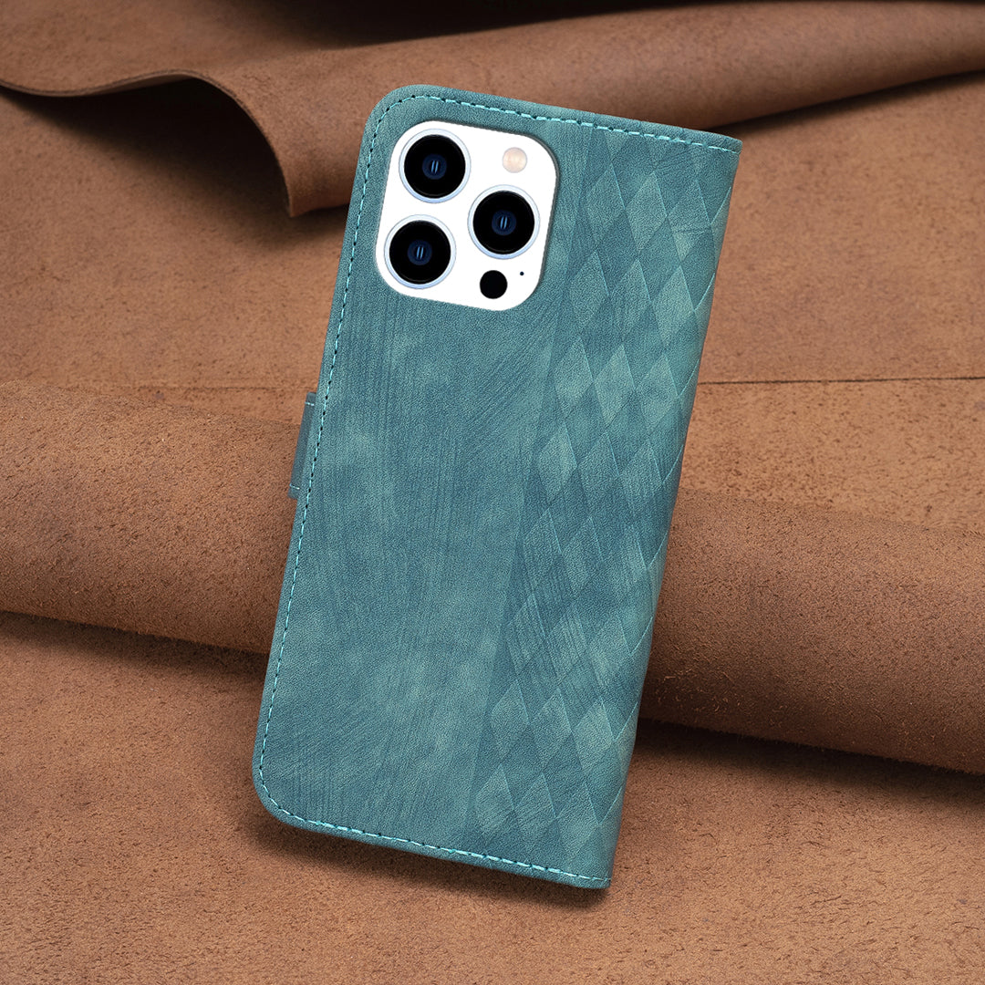 Uniqkart for iPhone 15 Pro Mobile Phone Stand Case Wallet Imprinted Rhombus PU Leather Anti-drop Phone Cover - Green