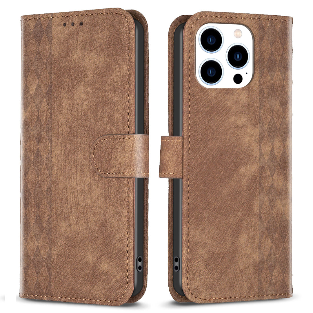 Uniqkart for iPhone 15 Pro Mobile Phone Stand Case Wallet Imprinted Rhombus PU Leather Anti-drop Phone Cover - Brown
