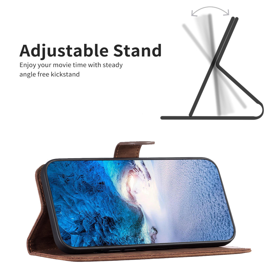 Uniqkart for iPhone 15 Pro Mobile Phone Stand Case Wallet Imprinted Rhombus PU Leather Anti-drop Phone Cover - Brown
