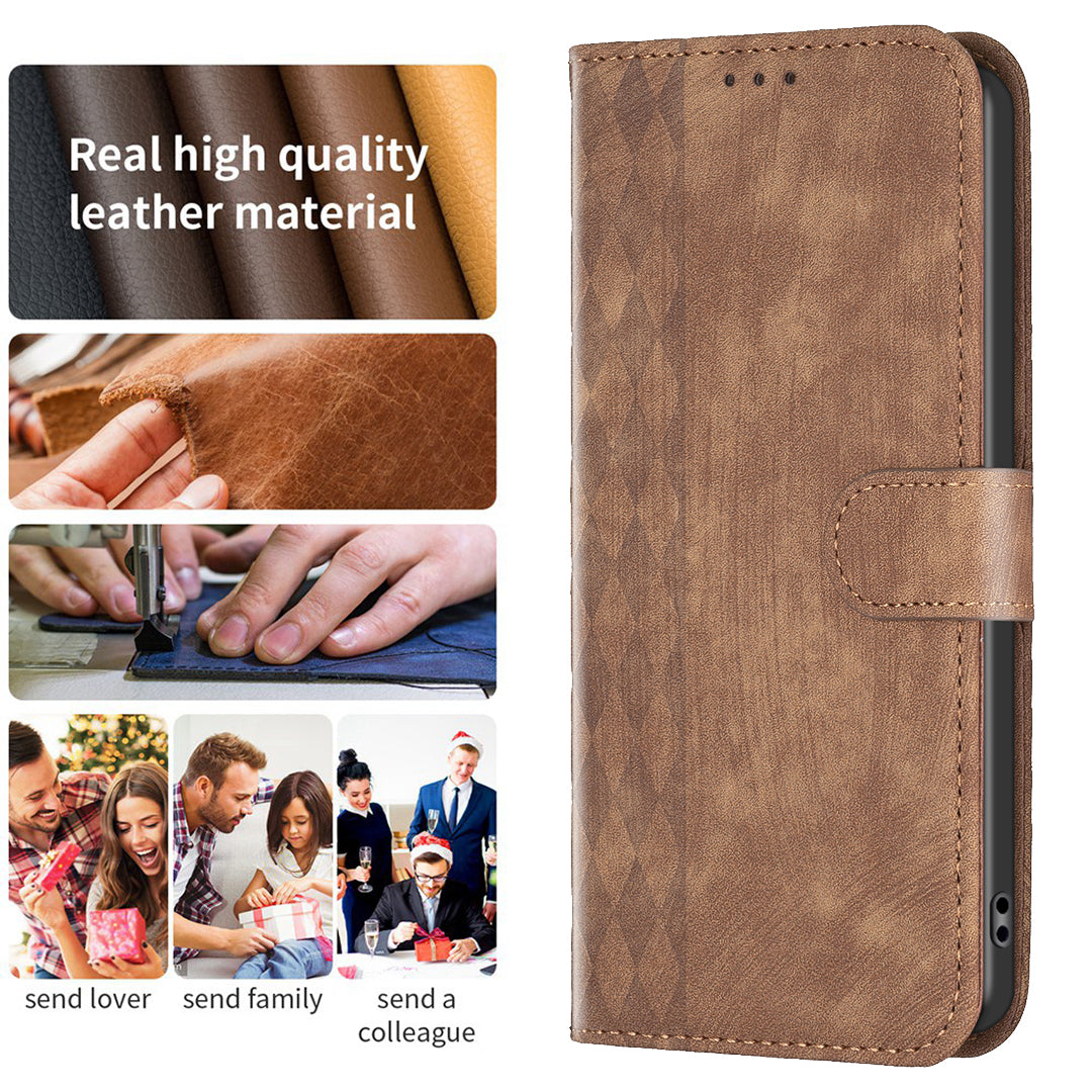 Uniqkart for iPhone 15 Pro Mobile Phone Stand Case Wallet Imprinted Rhombus PU Leather Anti-drop Phone Cover - Brown