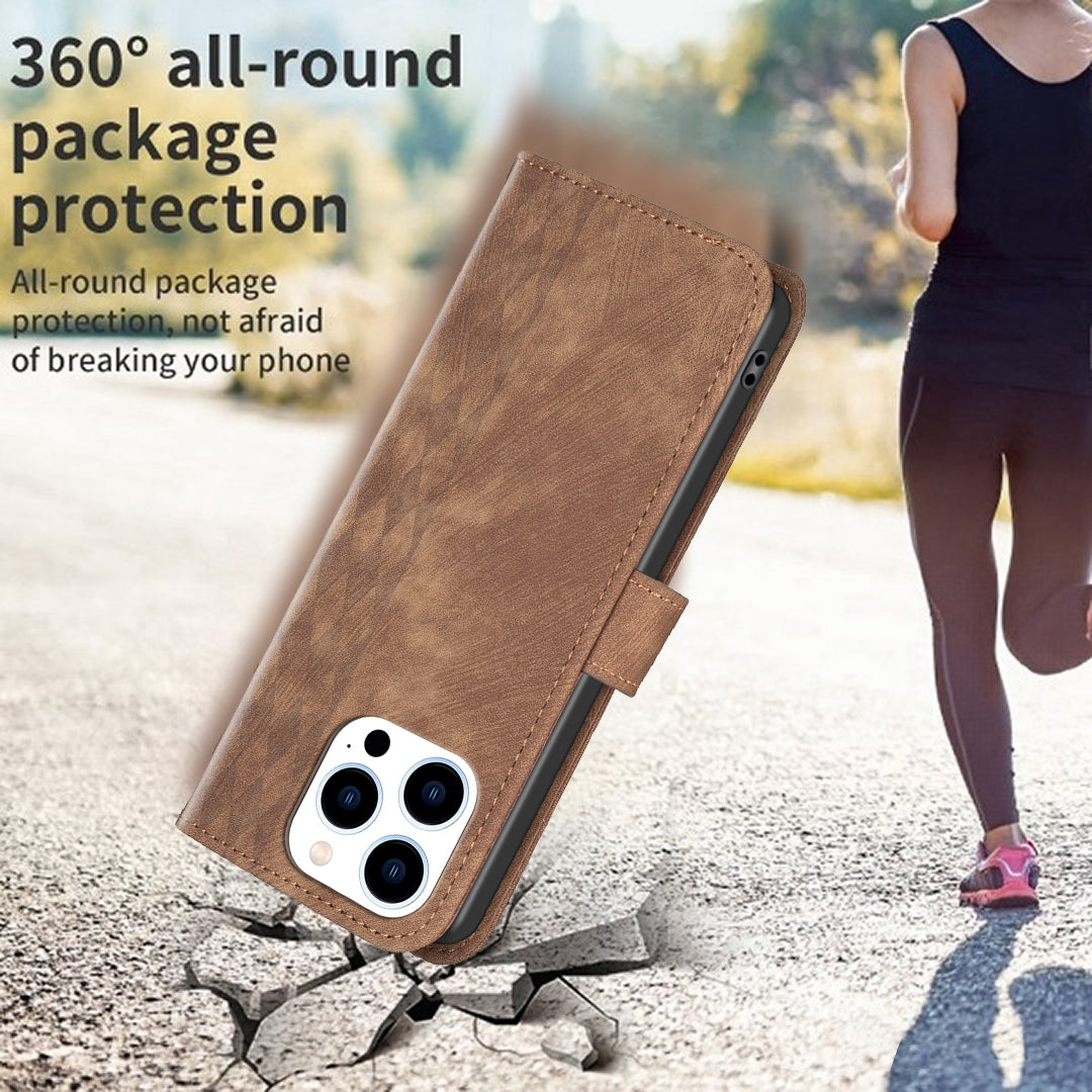 Uniqkart for iPhone 15 Pro Mobile Phone Stand Case Wallet Imprinted Rhombus PU Leather Anti-drop Phone Cover - Brown