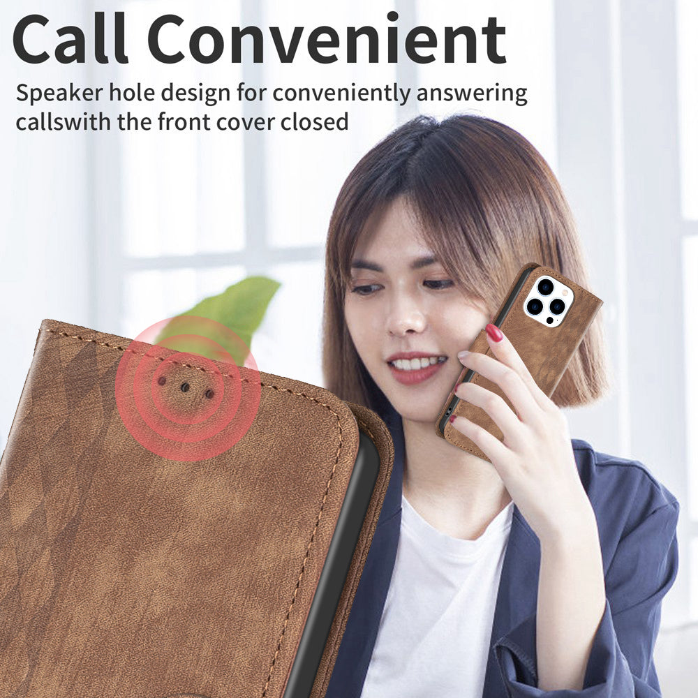 Uniqkart for iPhone 15 Pro Mobile Phone Stand Case Wallet Imprinted Rhombus PU Leather Anti-drop Phone Cover - Brown