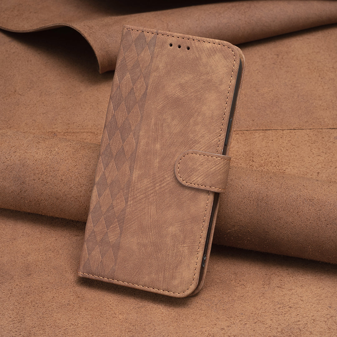 Uniqkart for iPhone 15 Pro Mobile Phone Stand Case Wallet Imprinted Rhombus PU Leather Anti-drop Phone Cover - Brown