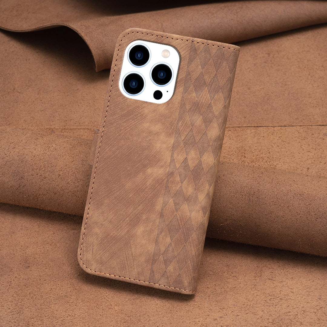 Uniqkart for iPhone 15 Pro Mobile Phone Stand Case Wallet Imprinted Rhombus PU Leather Anti-drop Phone Cover - Brown
