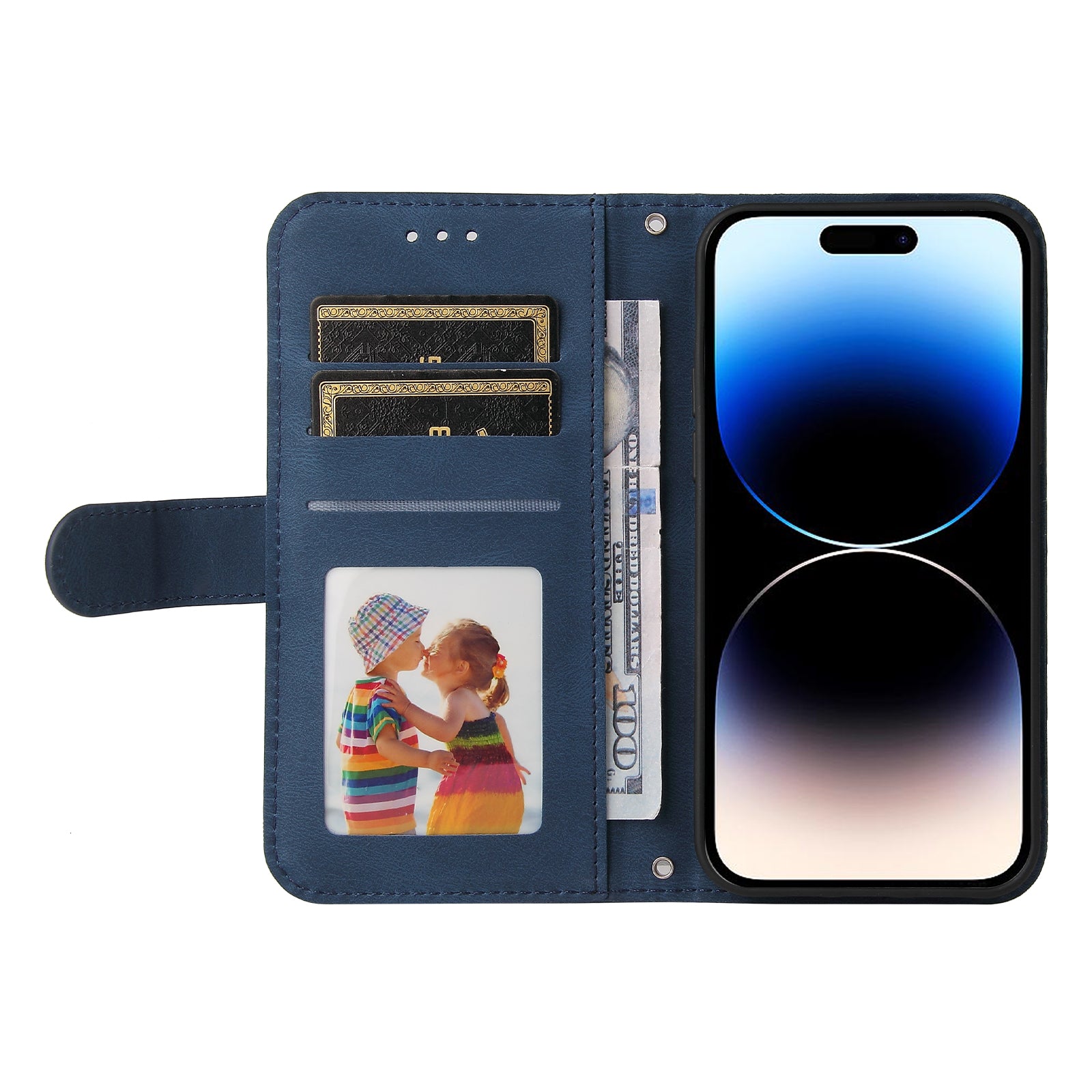 Uniqkart for iPhone 15 Pro Max Wallet Skin-touch PU Leather Case Cell Phone Cover Imprinted Lines Stand Shell - Blue