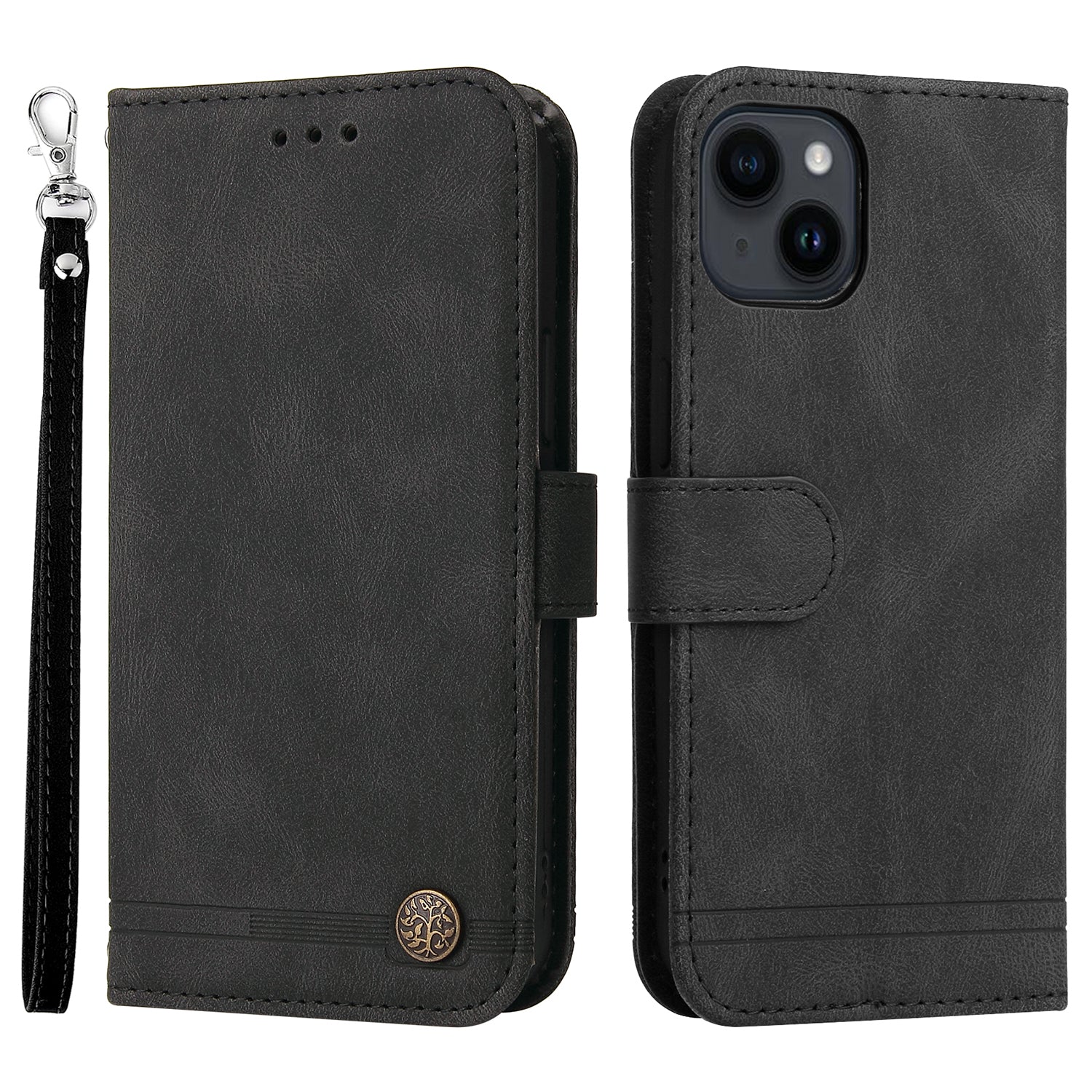 Uniqkart for iPhone 15 Plus Imprinted Lines  Cell Phone Cover Stand Wallet Skin-touch PU Leather Case Shell - Black