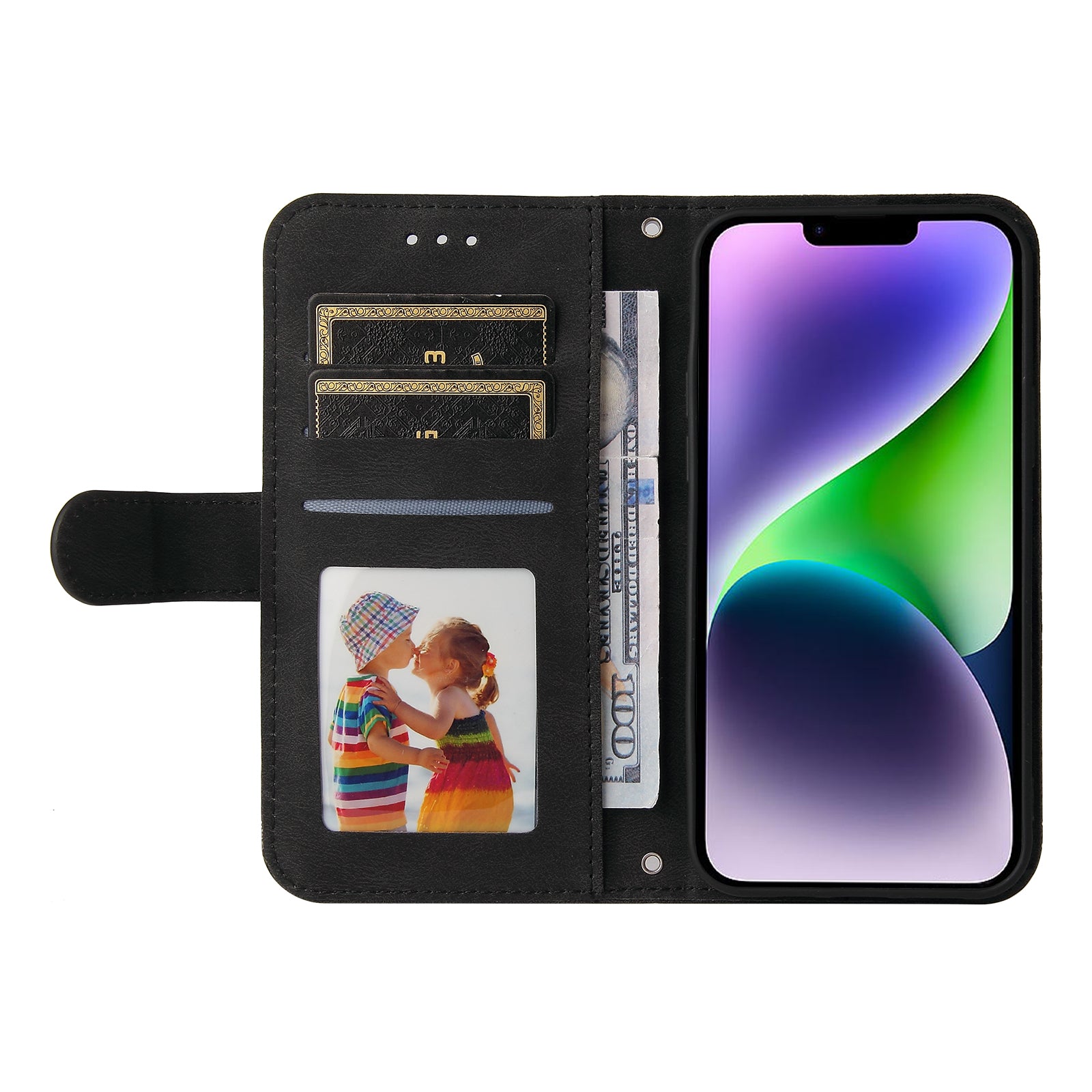 Uniqkart for iPhone 15 Plus Imprinted Lines  Cell Phone Cover Stand Wallet Skin-touch PU Leather Case Shell - Black