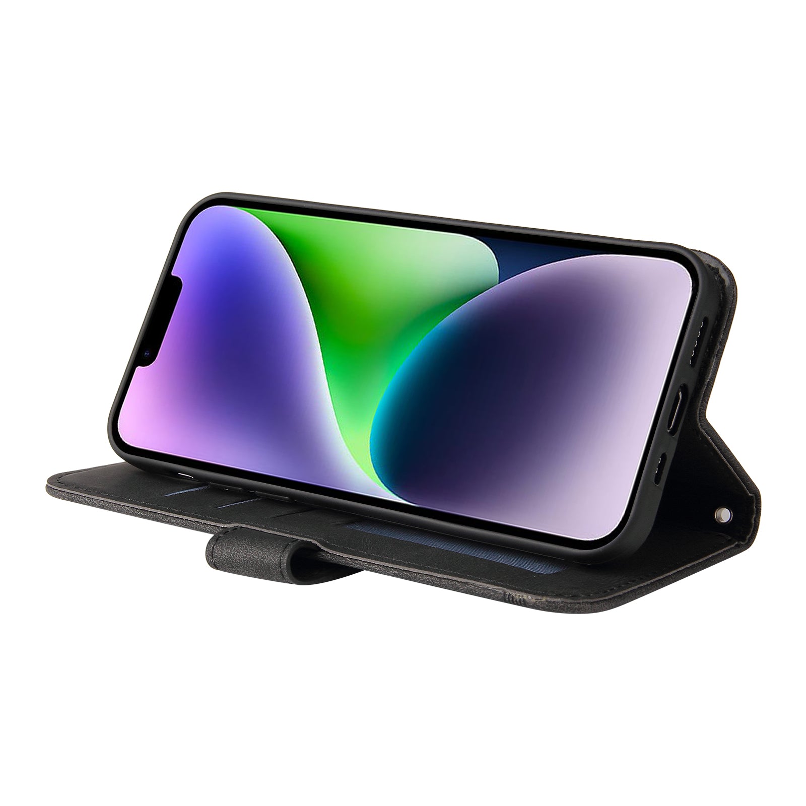 Uniqkart for iPhone 15 Plus Imprinted Lines  Cell Phone Cover Stand Wallet Skin-touch PU Leather Case Shell - Black