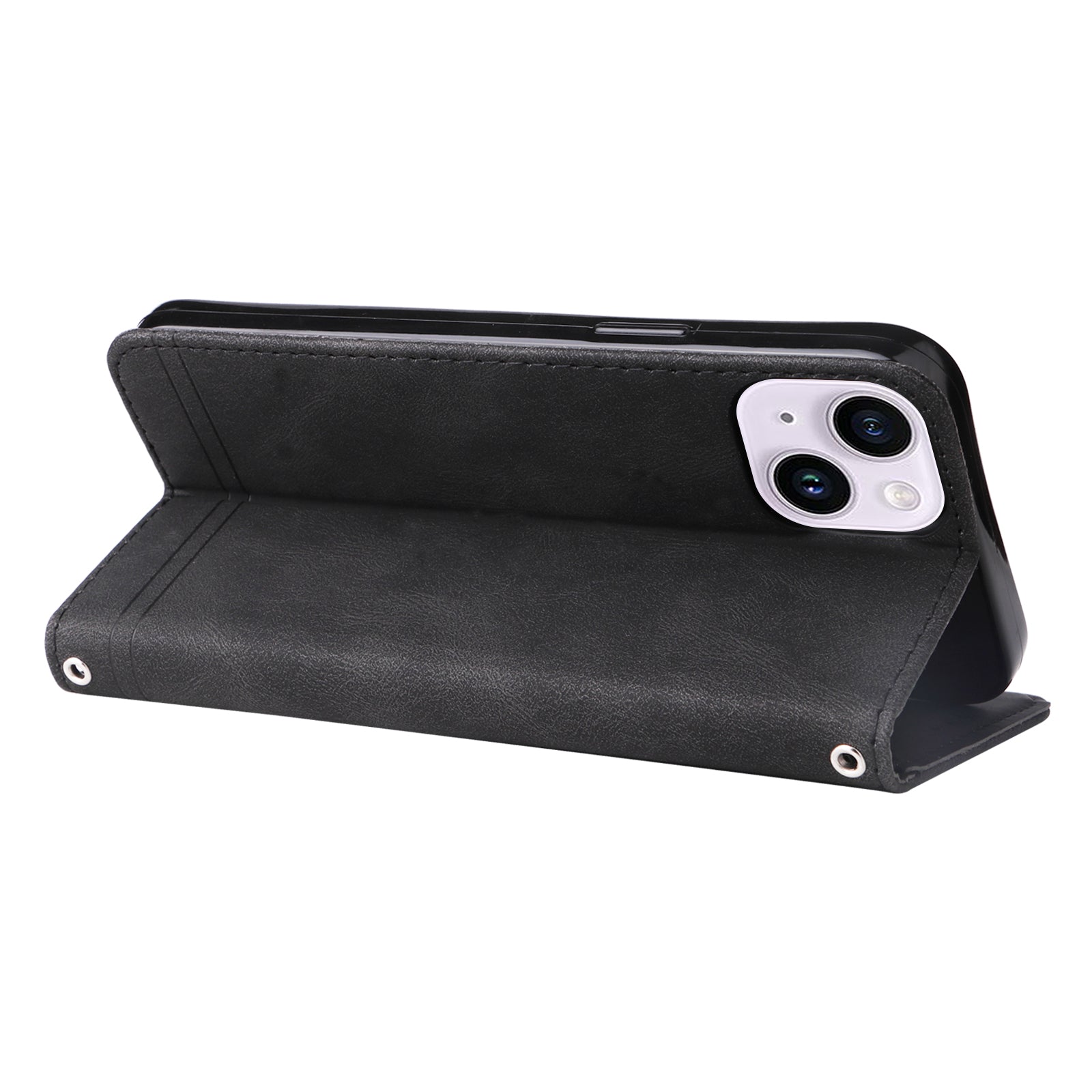Uniqkart for iPhone 15 Plus Imprinted Lines  Cell Phone Cover Stand Wallet Skin-touch PU Leather Case Shell - Black