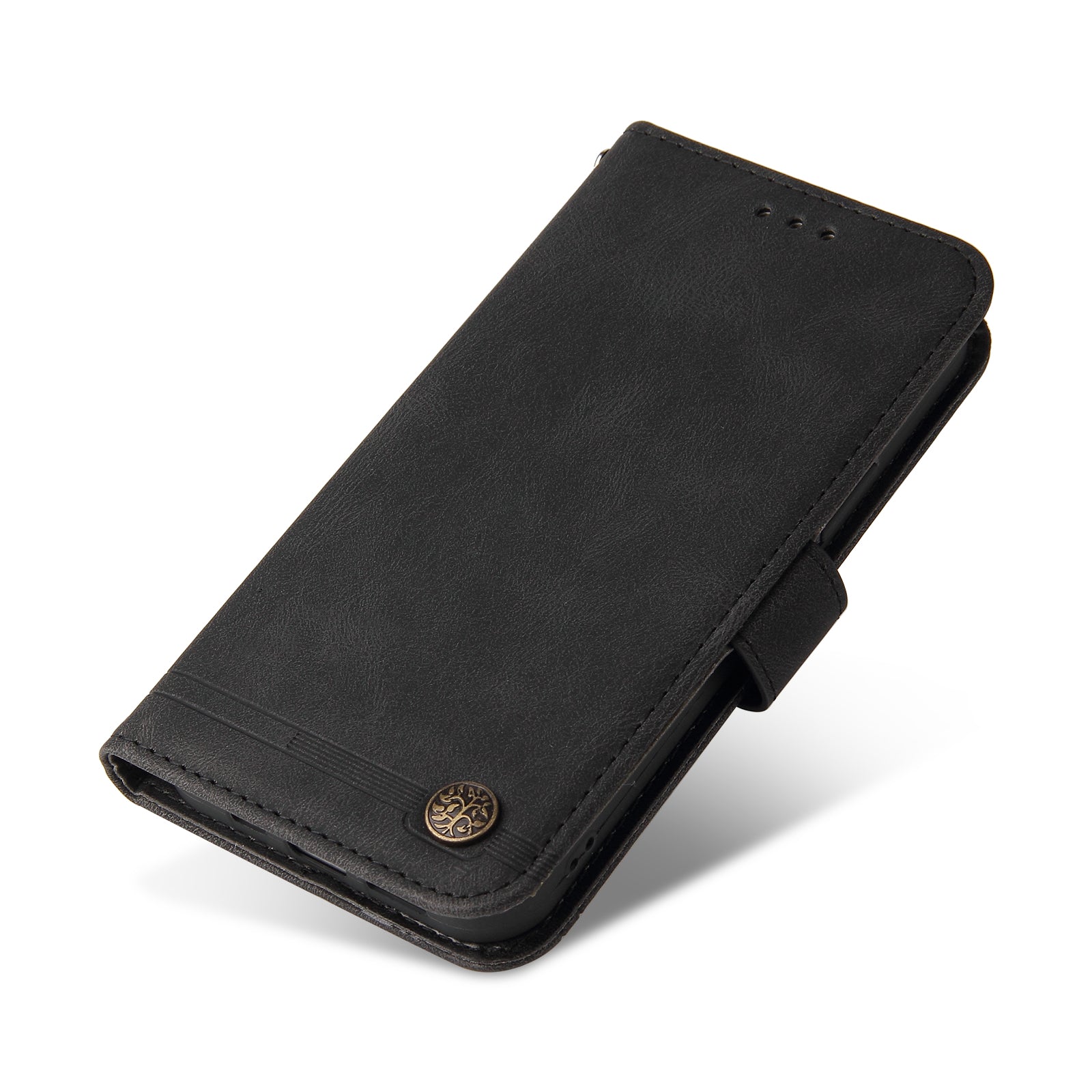 Uniqkart for iPhone 15 Plus Imprinted Lines  Cell Phone Cover Stand Wallet Skin-touch PU Leather Case Shell - Black