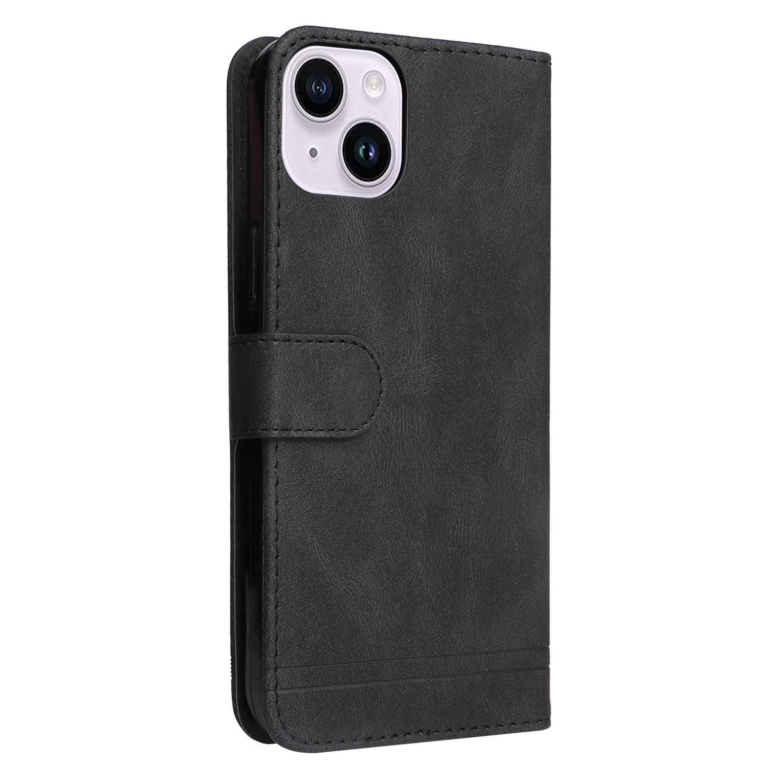 Uniqkart for iPhone 15 Plus Imprinted Lines  Cell Phone Cover Stand Wallet Skin-touch PU Leather Case Shell - Black