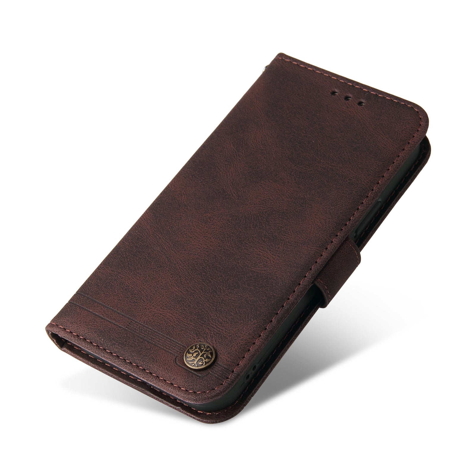 Uniqkart for iPhone 15 Plus Imprinted Lines  Cell Phone Cover Stand Wallet Skin-touch PU Leather Case Shell - Brown