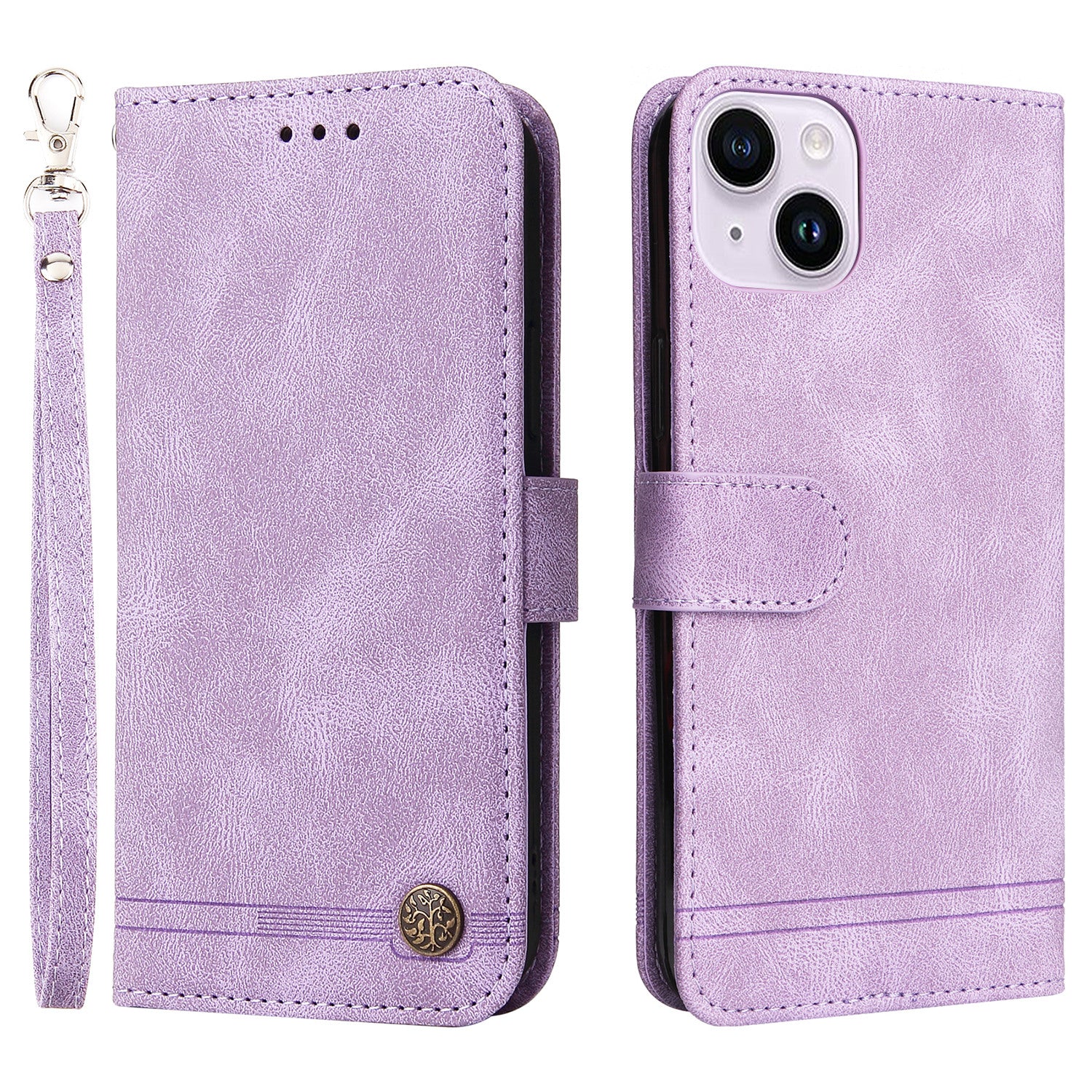 Skin-touch PU Leather Case for iPhone 15 , Cell Phone Cover Imprinted Lines Stand Wallet - Purple