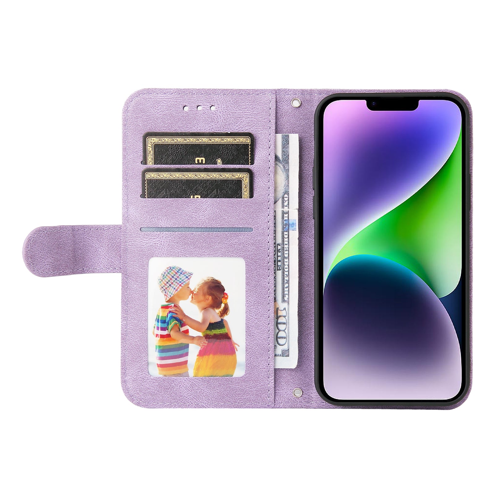 Skin-touch PU Leather Case for iPhone 15 , Cell Phone Cover Imprinted Lines Stand Wallet - Purple