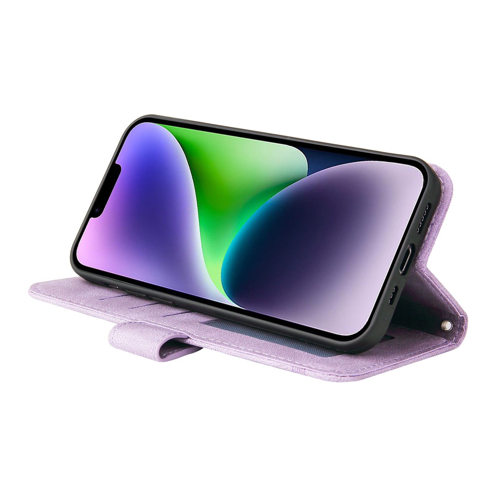 Skin-touch PU Leather Case for iPhone 15 , Cell Phone Cover Imprinted Lines Stand Wallet - Purple
