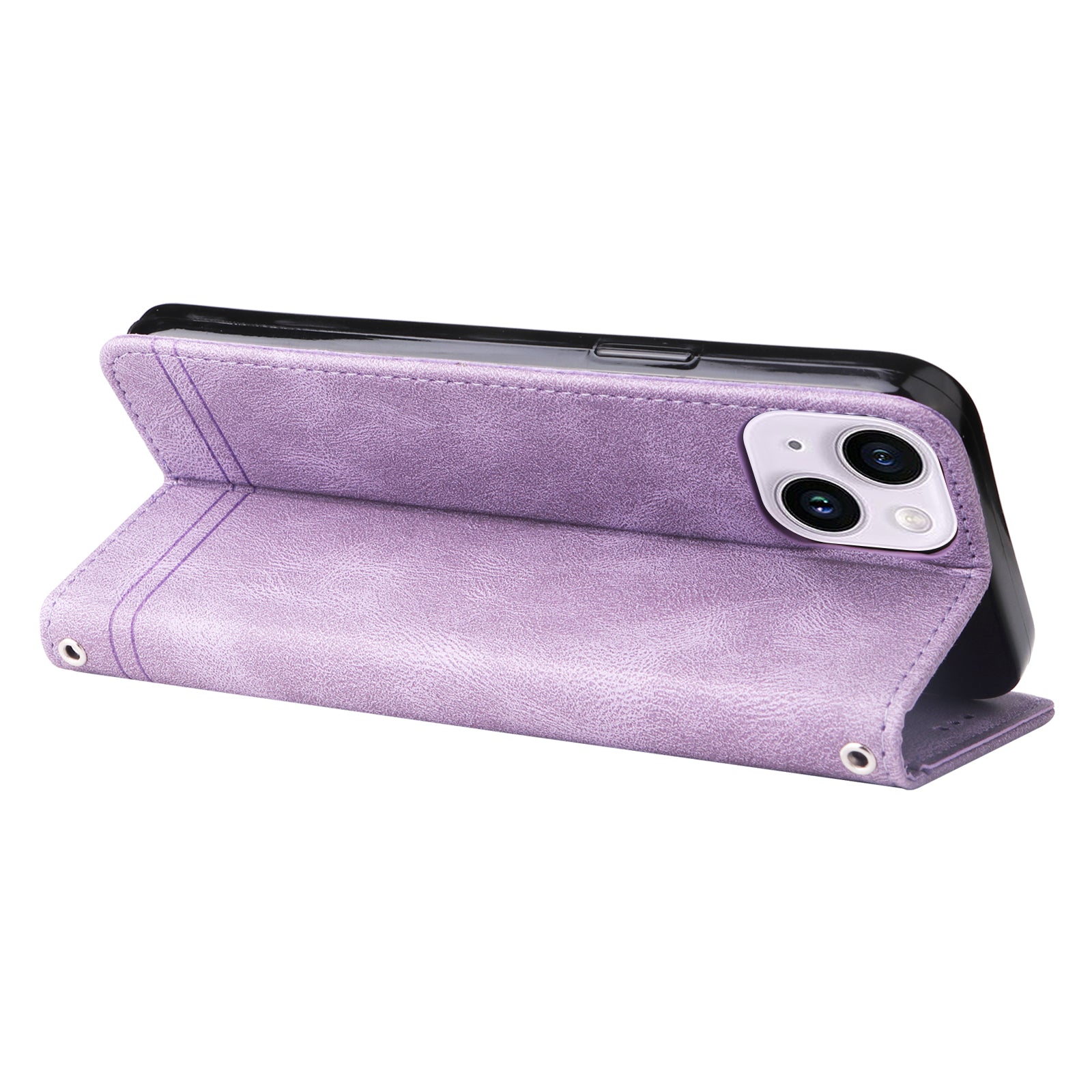 Skin-touch PU Leather Case for iPhone 15 , Cell Phone Cover Imprinted Lines Stand Wallet - Purple