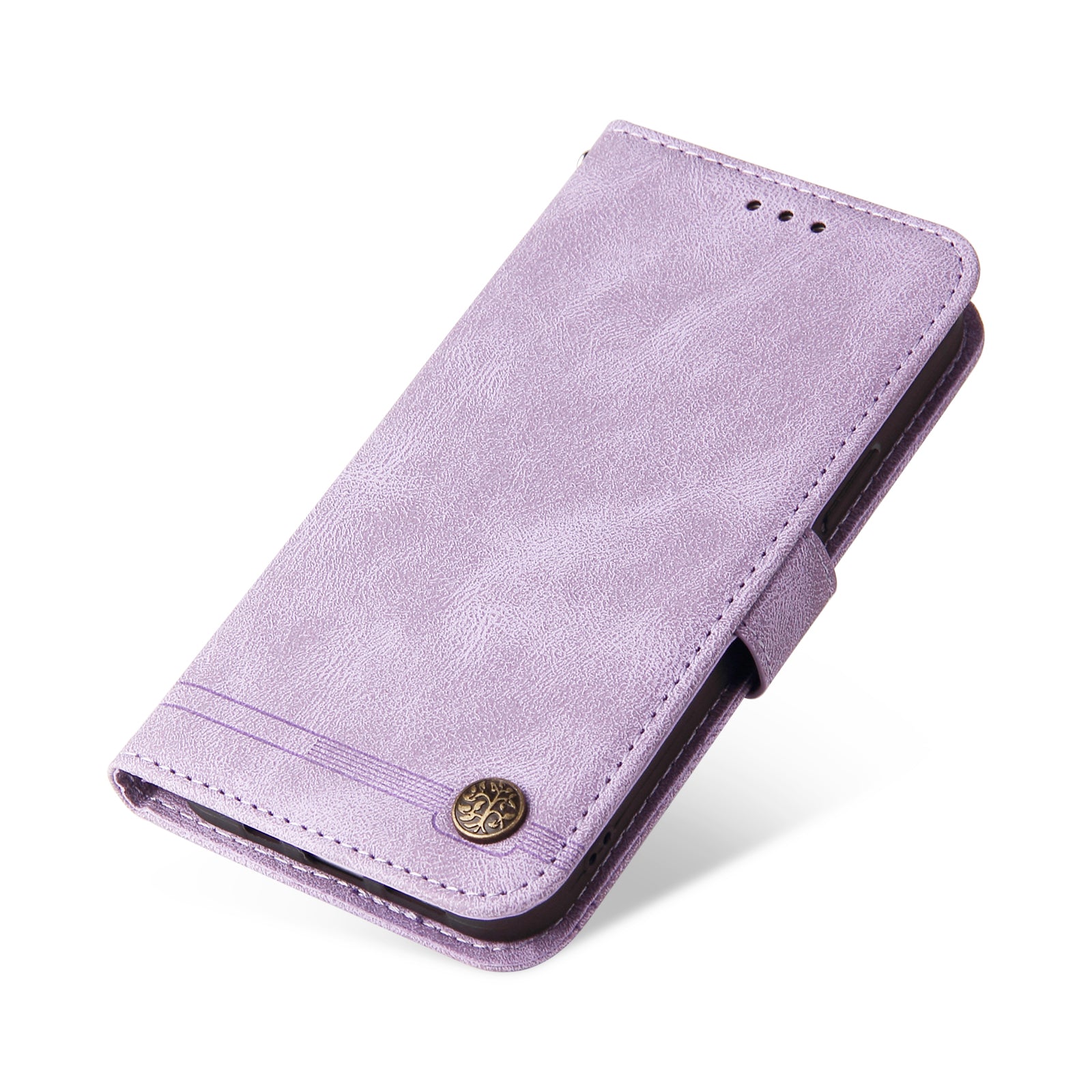 Skin-touch PU Leather Case for iPhone 15 , Cell Phone Cover Imprinted Lines Stand Wallet - Purple