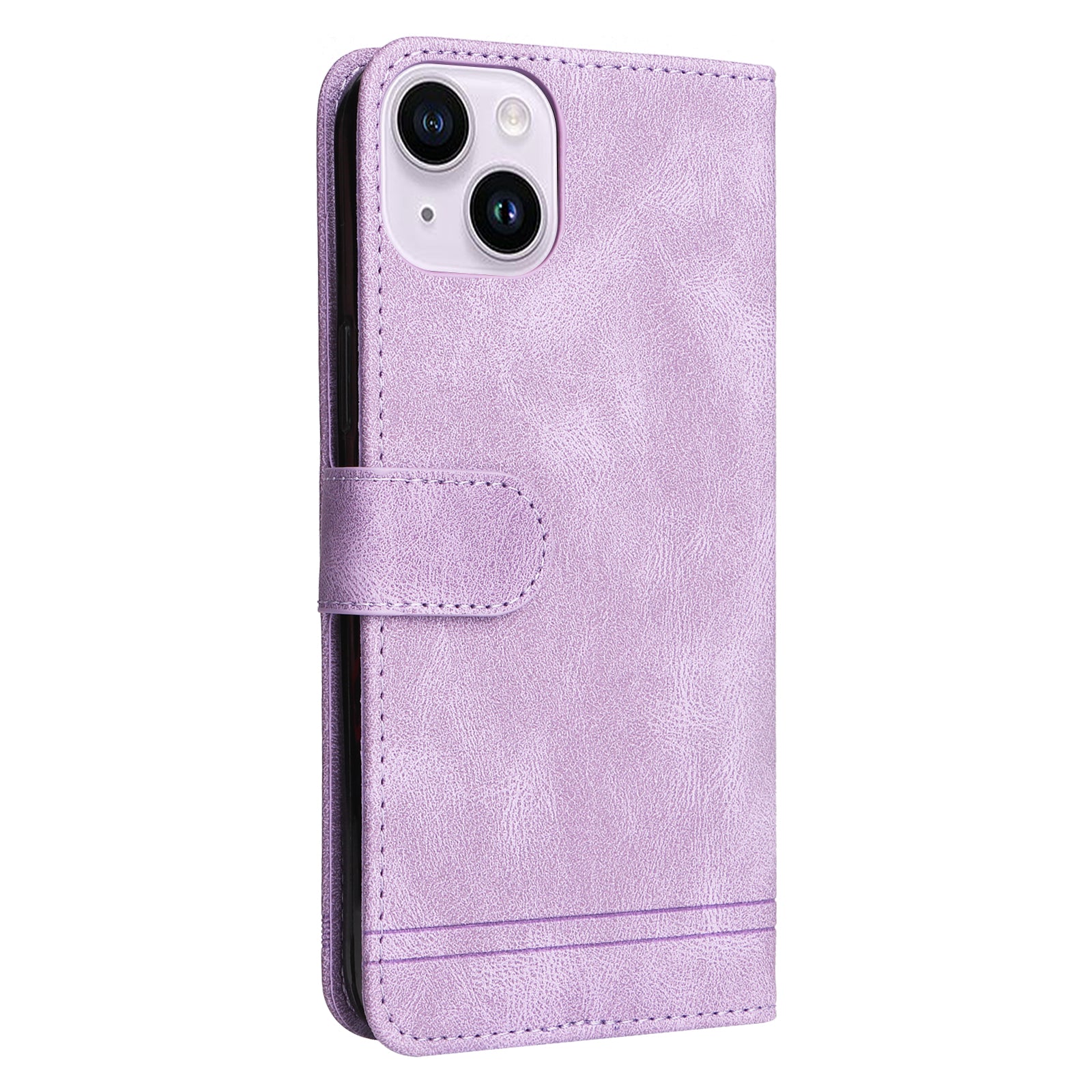 Skin-touch PU Leather Case for iPhone 15 , Cell Phone Cover Imprinted Lines Stand Wallet - Purple