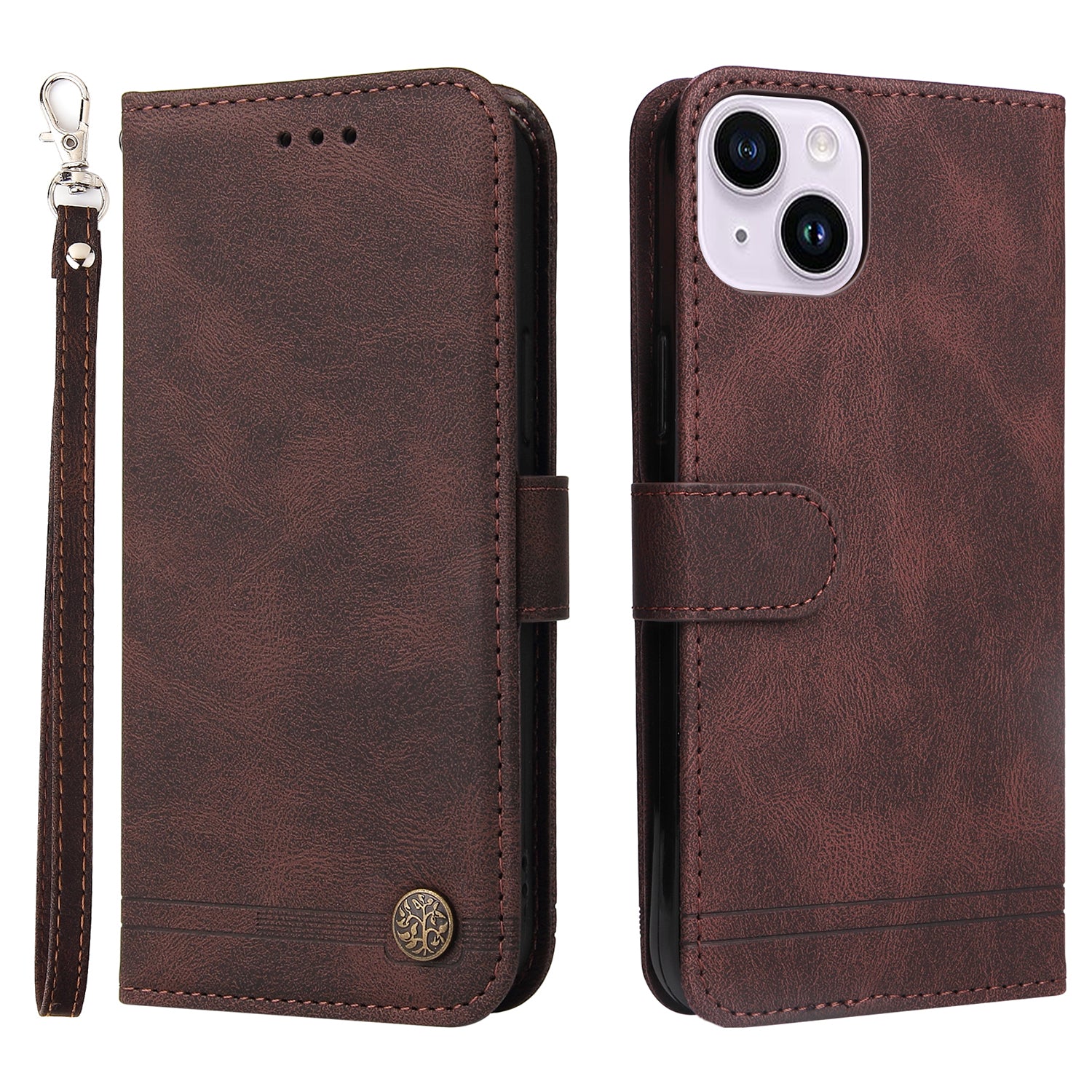 Skin-touch PU Leather Case for iPhone 15 , Cell Phone Cover Imprinted Lines Stand Wallet - Brown