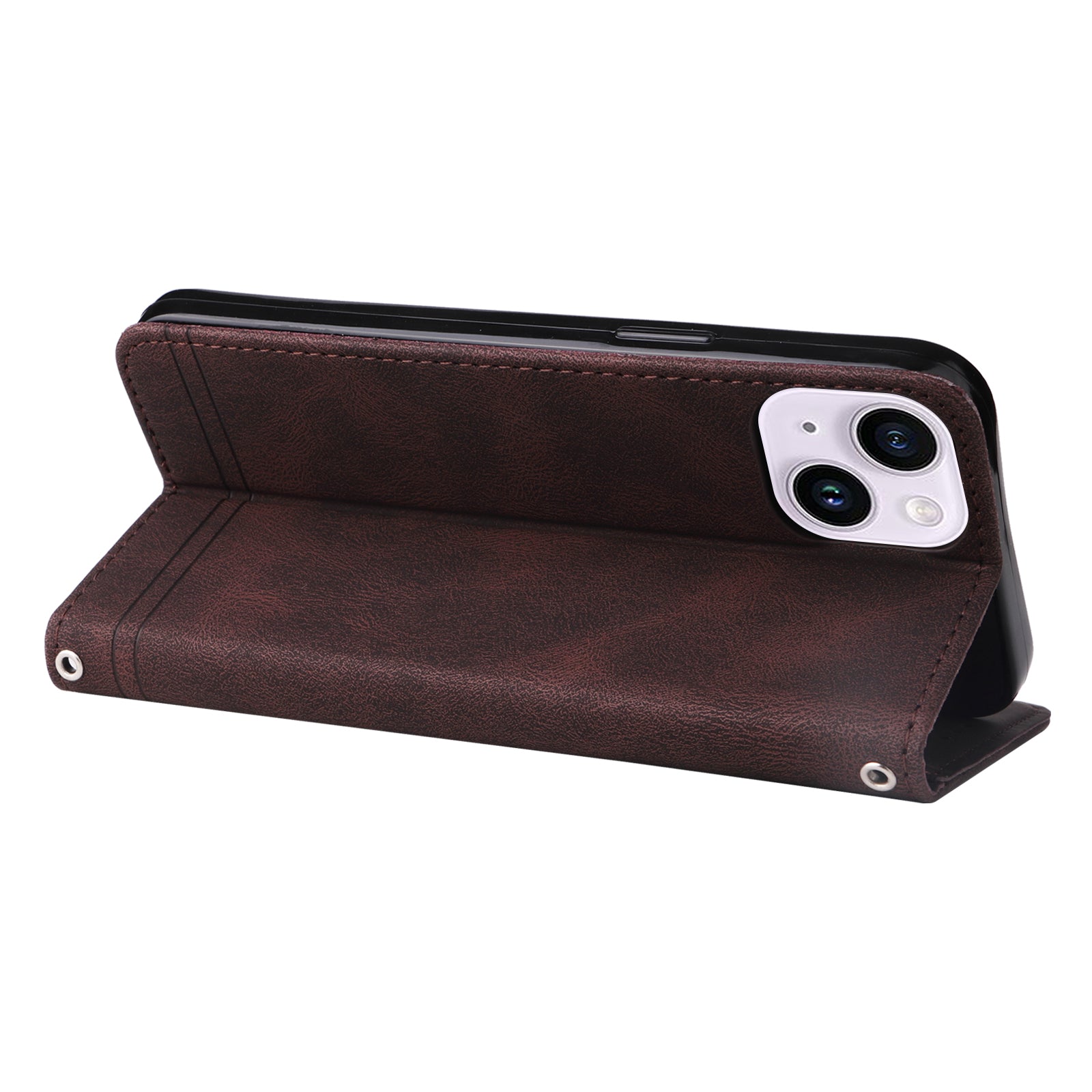 Skin-touch PU Leather Case for iPhone 15 , Cell Phone Cover Imprinted Lines Stand Wallet - Brown