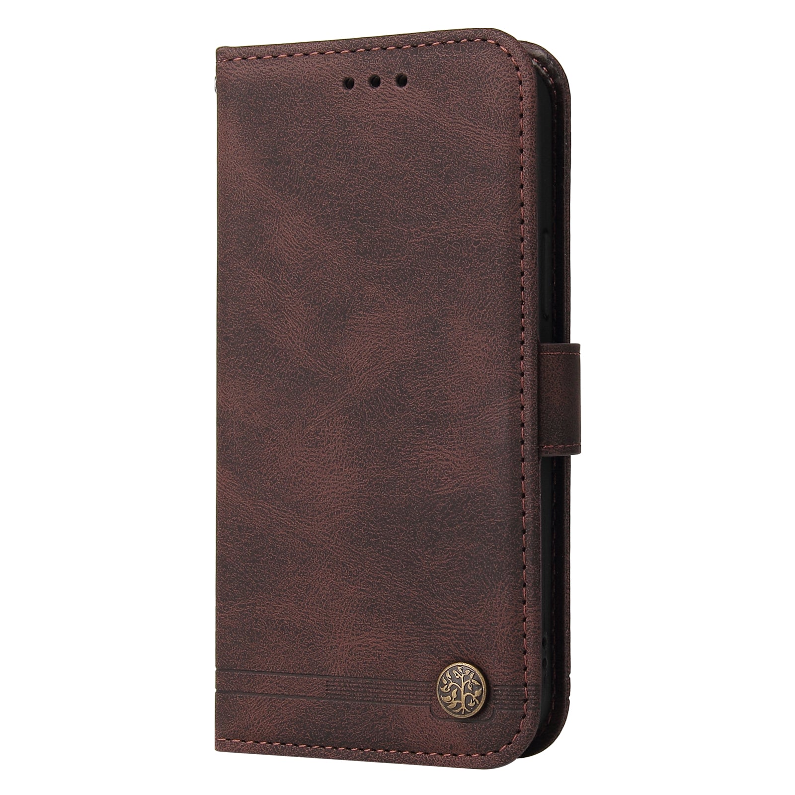 Skin-touch PU Leather Case for iPhone 15 , Cell Phone Cover Imprinted Lines Stand Wallet - Brown