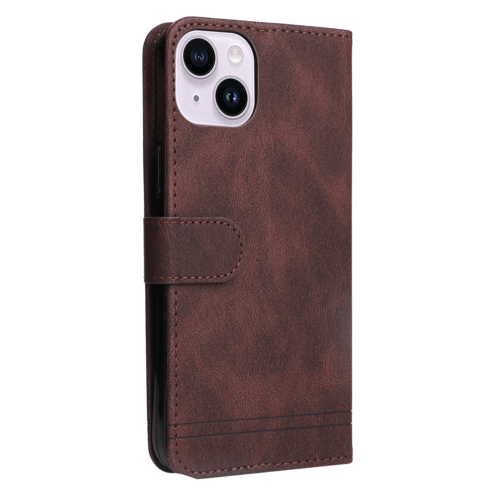 Skin-touch PU Leather Case for iPhone 15 , Cell Phone Cover Imprinted Lines Stand Wallet - Brown