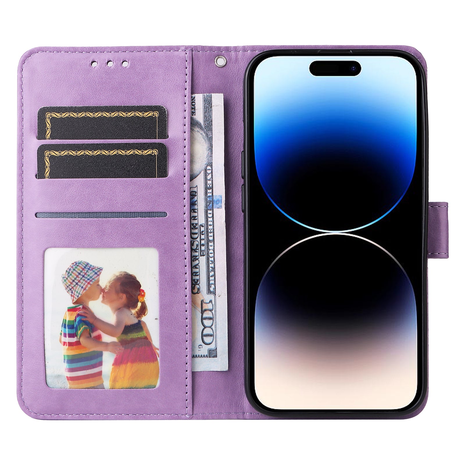 Uniqkart for iPhone 15 Pro Wallet Phone Case Shockproof Sunflower Imprinted Stand PU Leather Cover - Purple