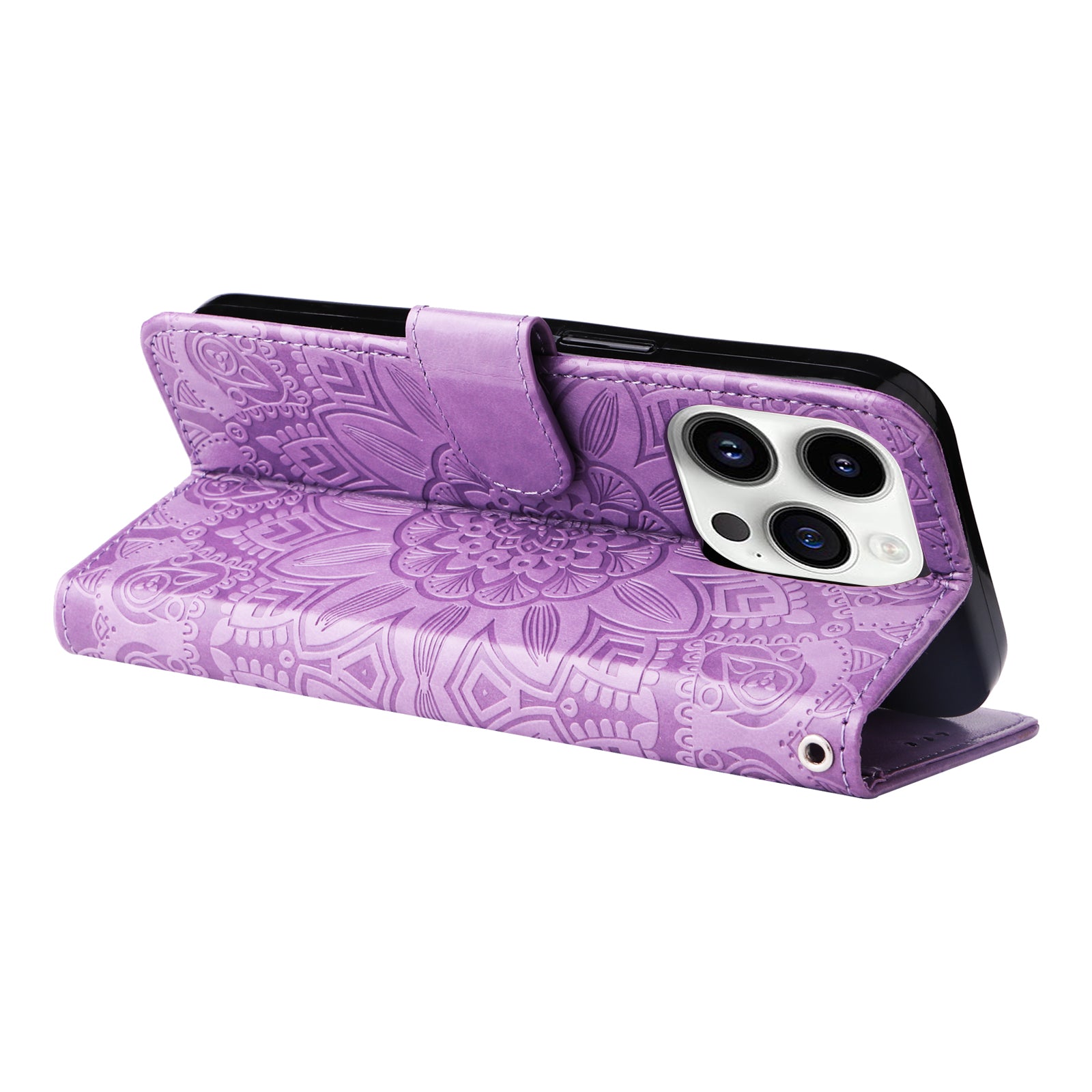 Uniqkart for iPhone 15 Pro Wallet Phone Case Shockproof Sunflower Imprinted Stand PU Leather Cover - Purple