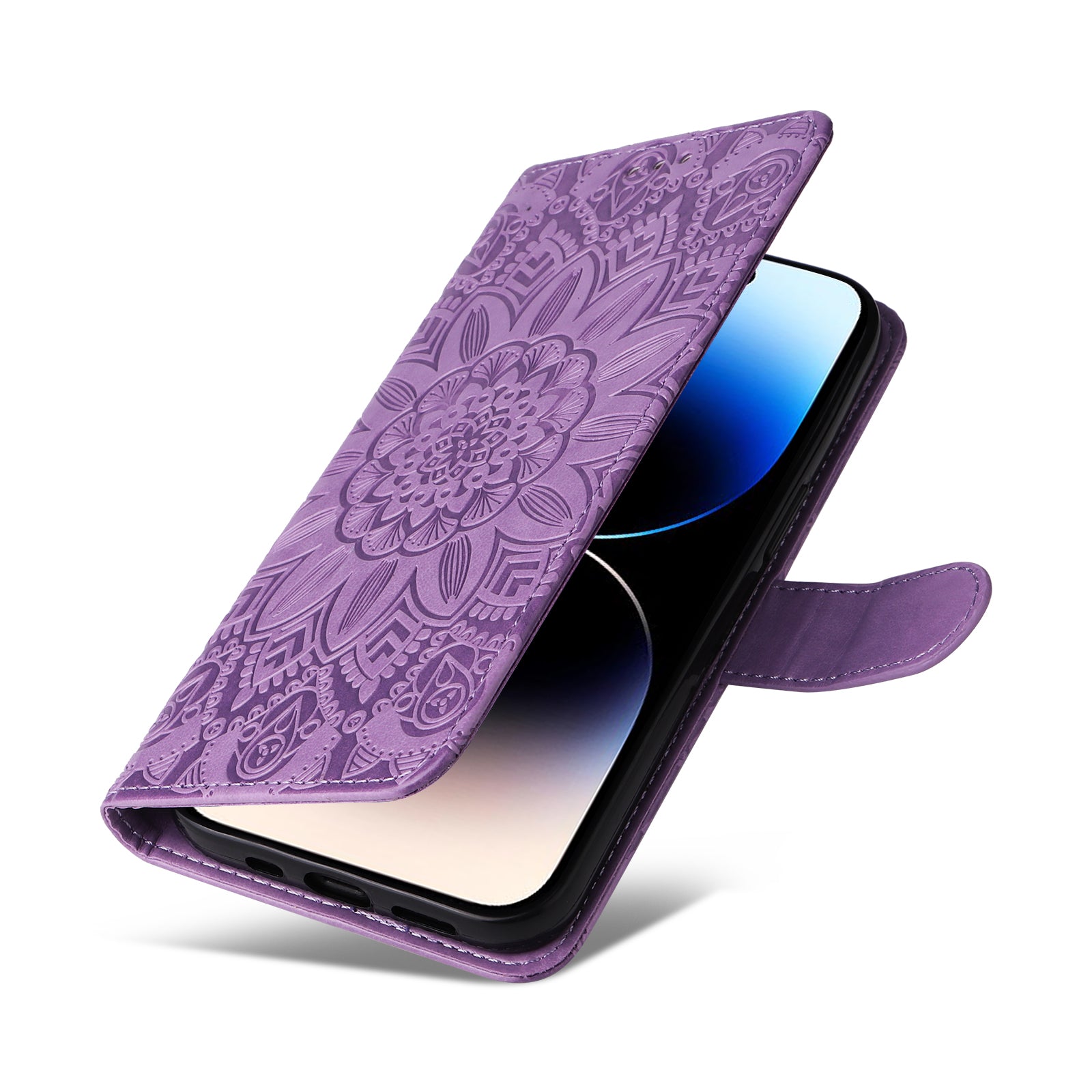 Uniqkart for iPhone 15 Pro Wallet Phone Case Shockproof Sunflower Imprinted Stand PU Leather Cover - Purple