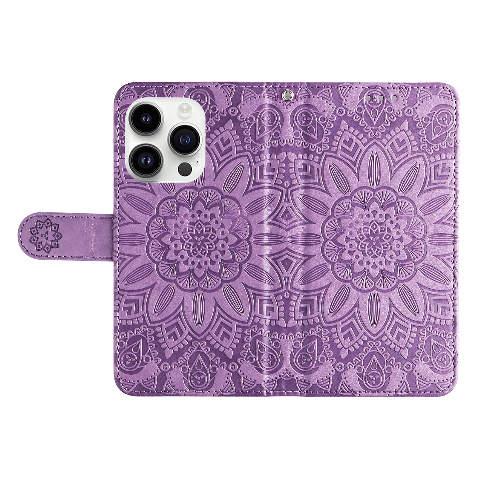 Uniqkart for iPhone 15 Pro Wallet Phone Case Shockproof Sunflower Imprinted Stand PU Leather Cover - Purple