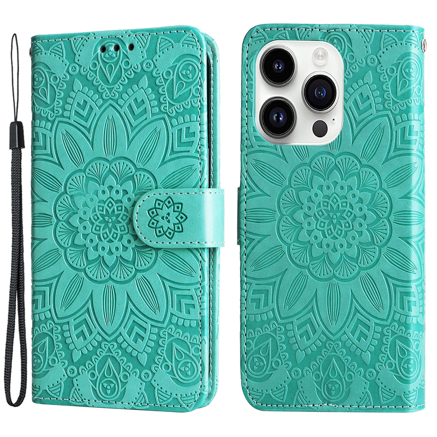 Uniqkart for iPhone 15 Pro Wallet Phone Case Shockproof Sunflower Imprinted Stand PU Leather Cover - Green
