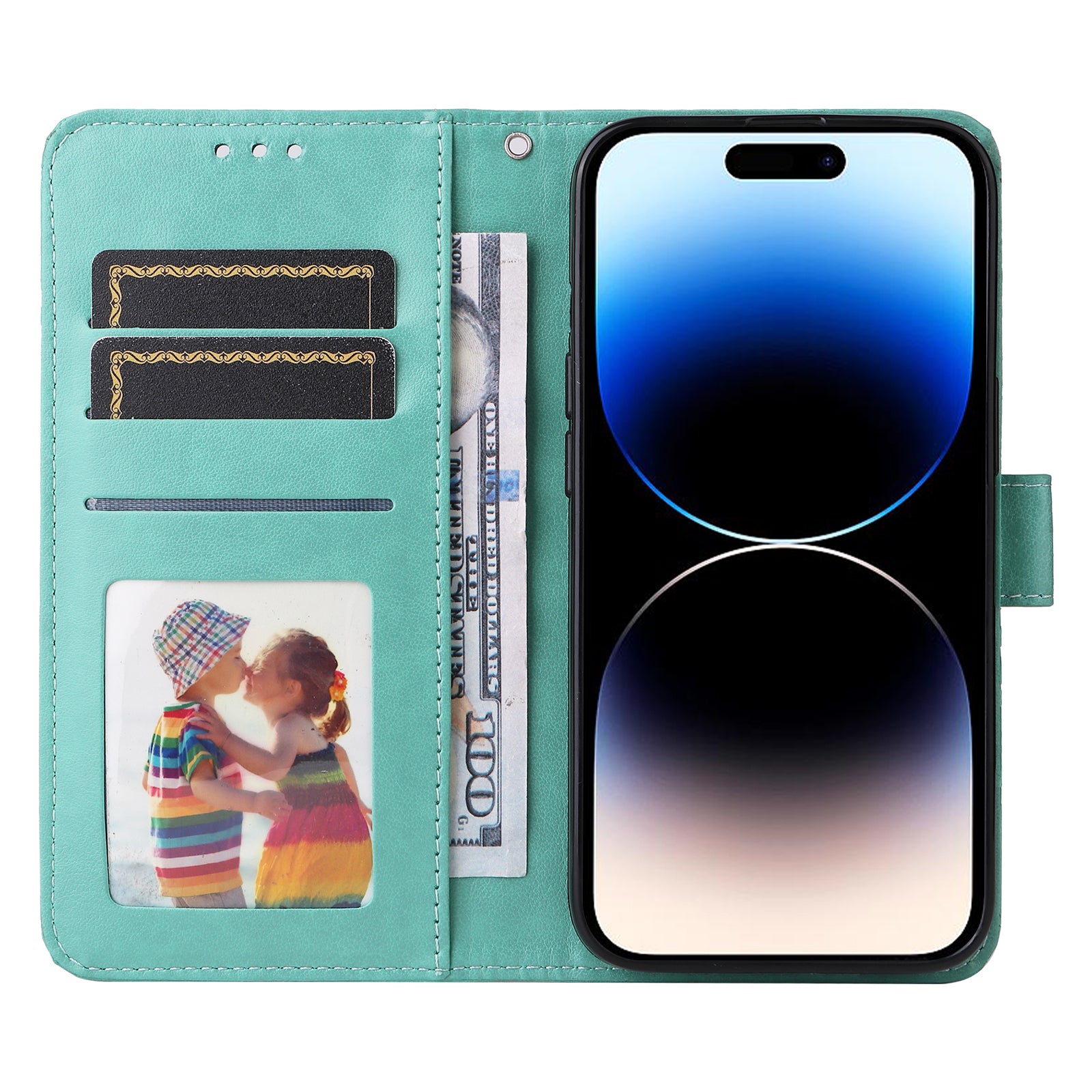 Uniqkart for iPhone 15 Pro Wallet Phone Case Shockproof Sunflower Imprinted Stand PU Leather Cover - Green