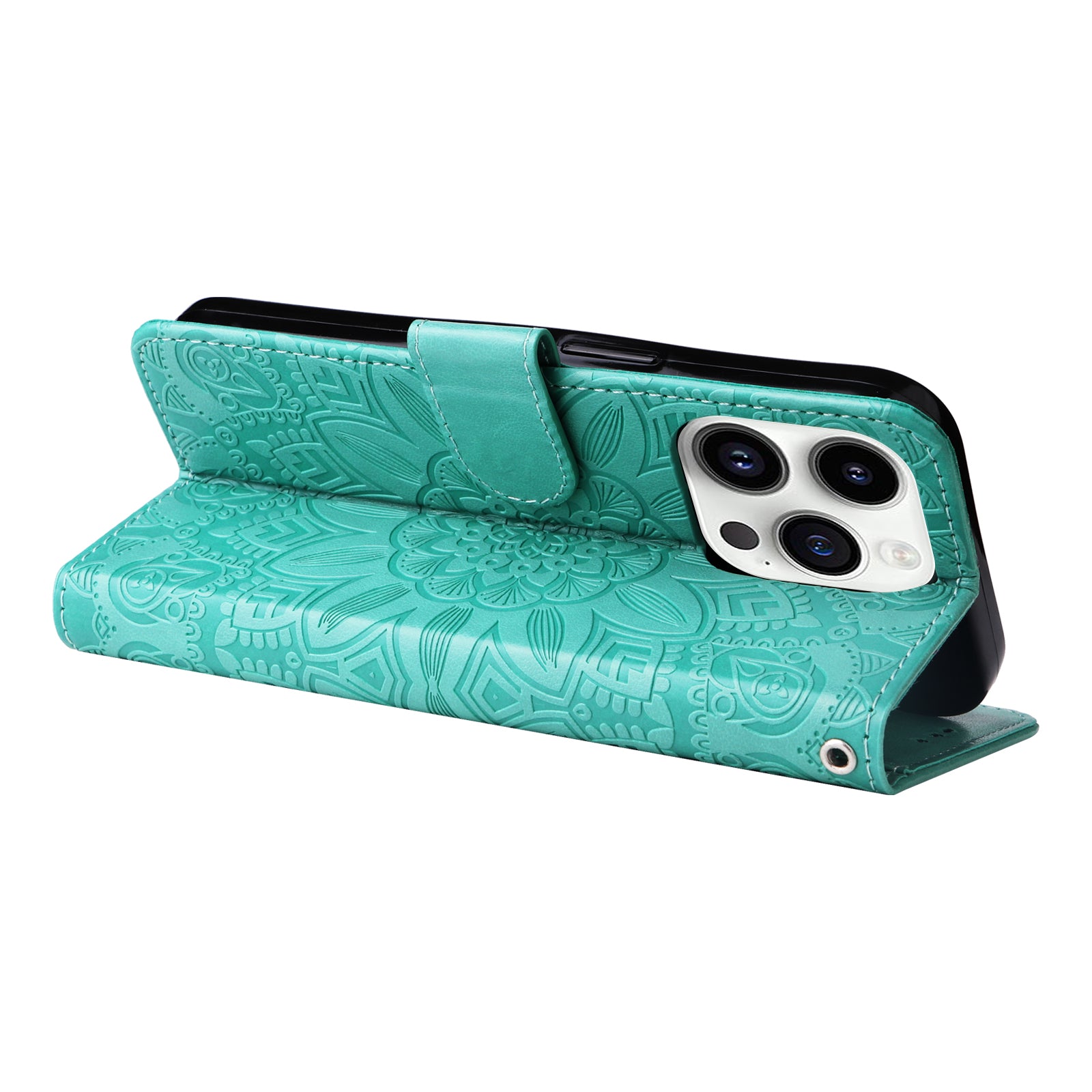 Uniqkart for iPhone 15 Pro Wallet Phone Case Shockproof Sunflower Imprinted Stand PU Leather Cover - Green
