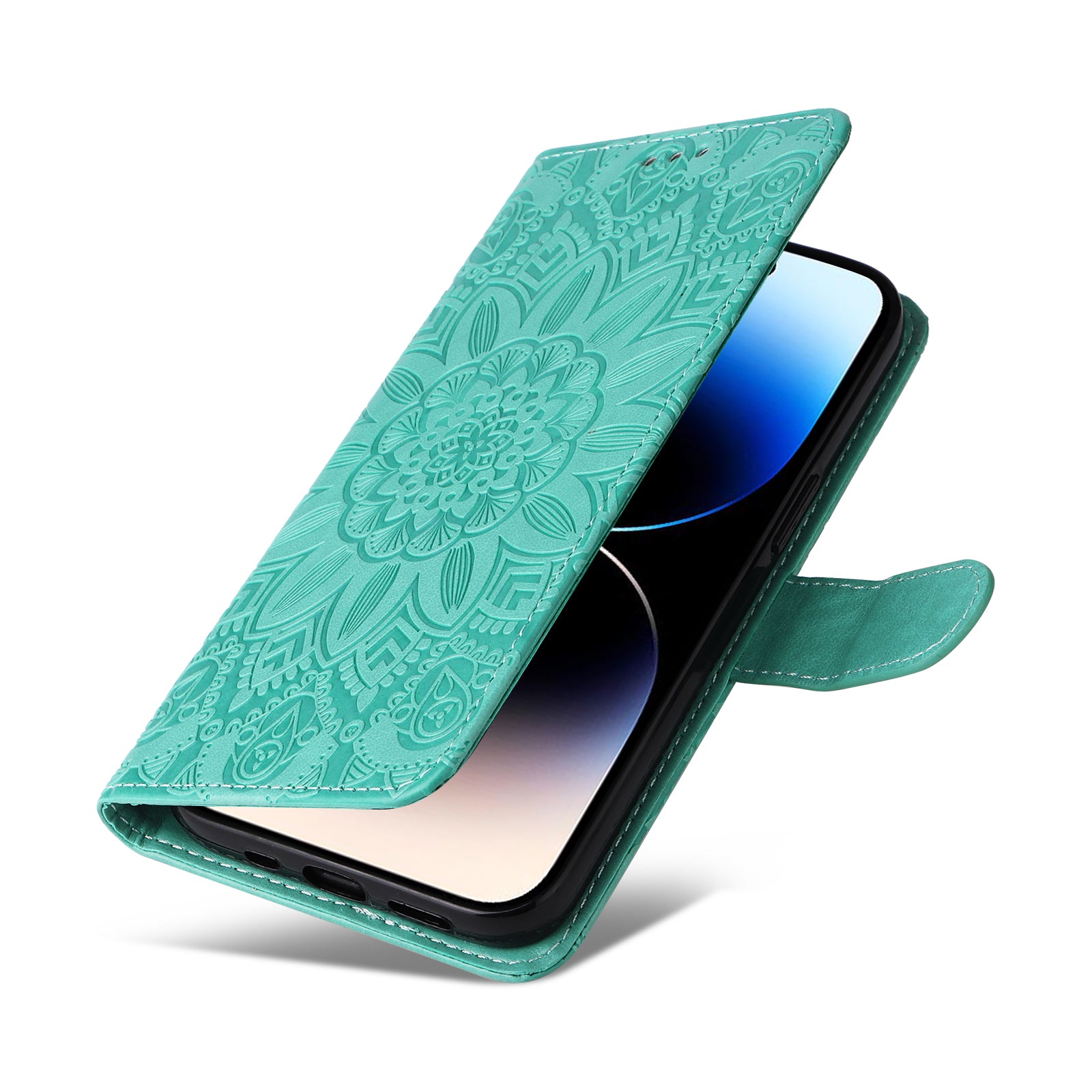 Uniqkart for iPhone 15 Pro Wallet Phone Case Shockproof Sunflower Imprinted Stand PU Leather Cover - Green