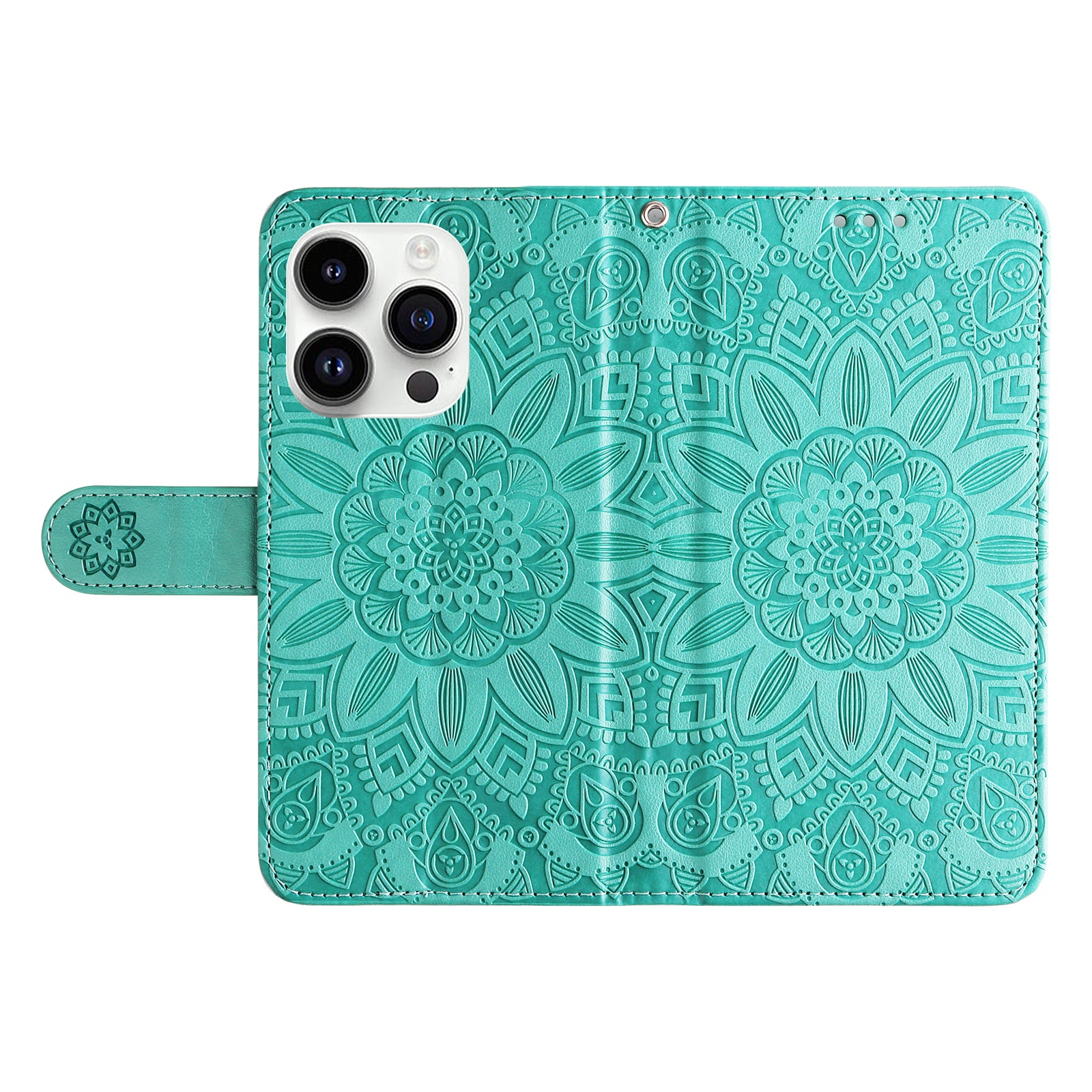 Uniqkart for iPhone 15 Pro Wallet Phone Case Shockproof Sunflower Imprinted Stand PU Leather Cover - Green