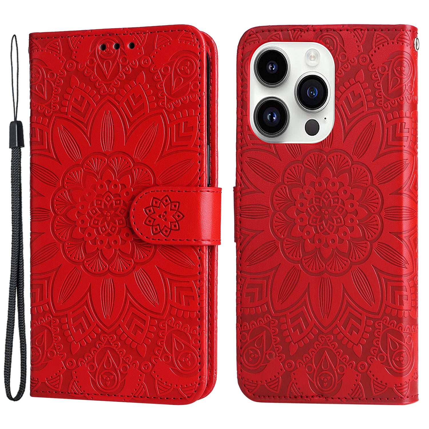Uniqkart for iPhone 15 Pro Wallet Phone Case Shockproof Sunflower Imprinted Stand PU Leather Cover - Red