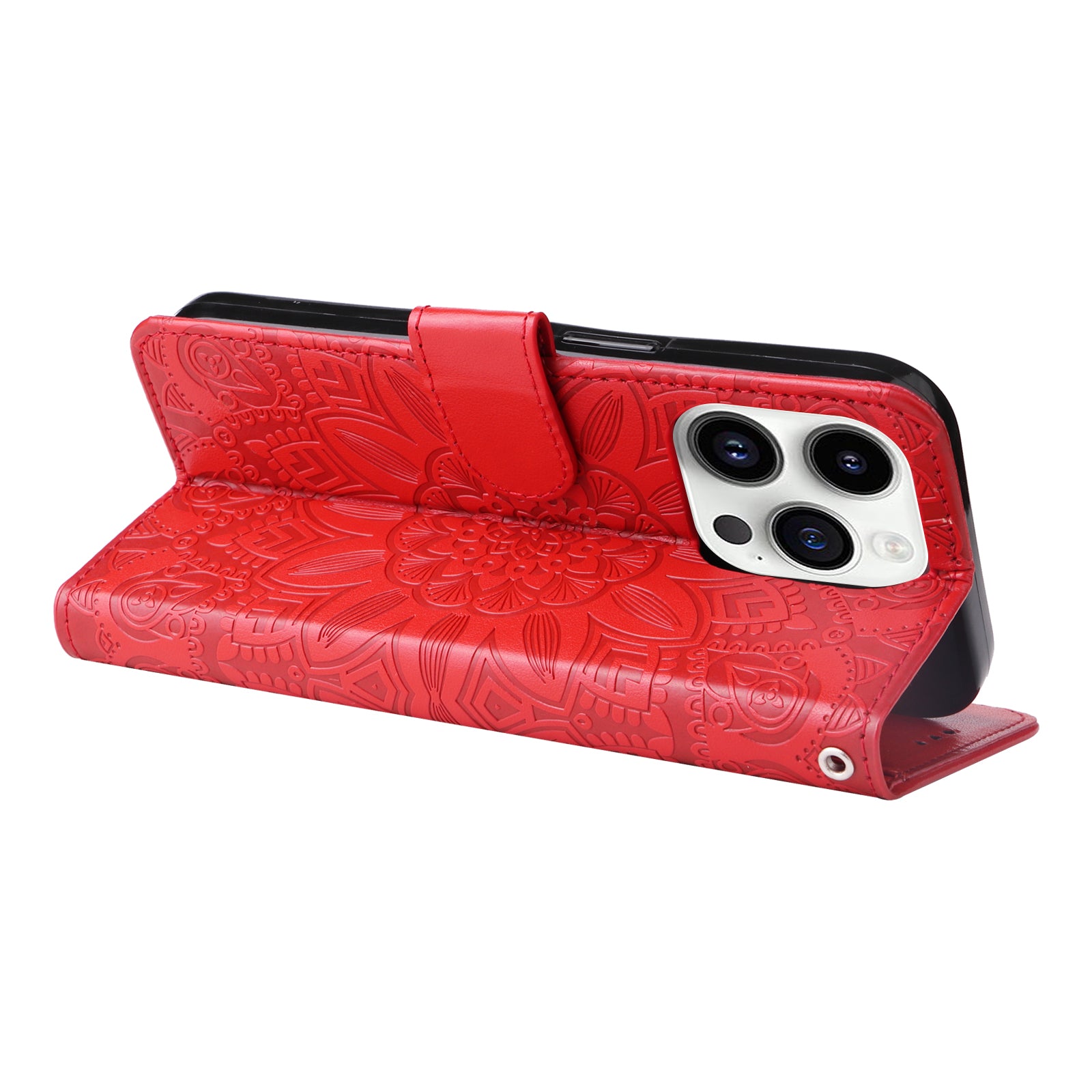 Uniqkart for iPhone 15 Pro Wallet Phone Case Shockproof Sunflower Imprinted Stand PU Leather Cover - Red