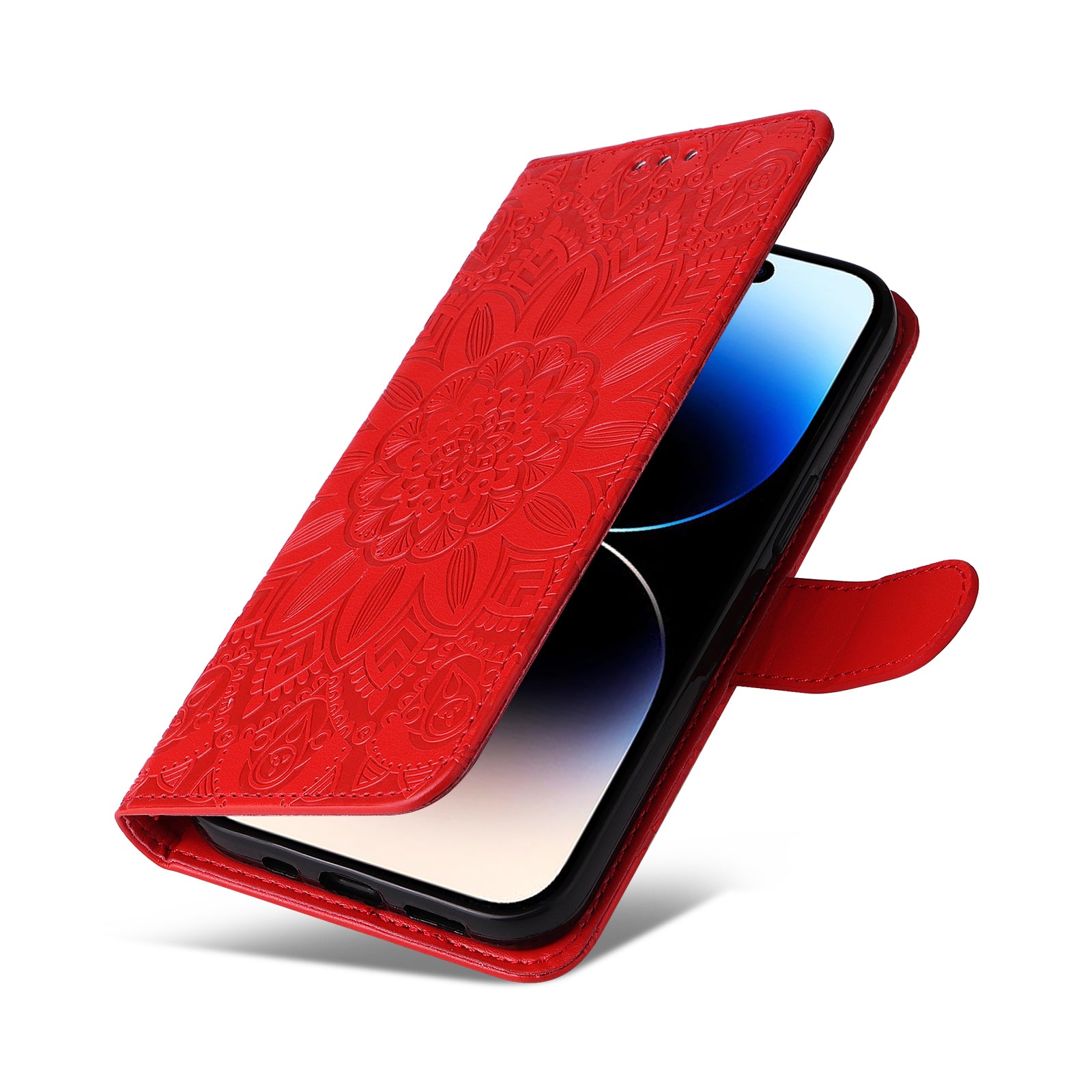 Uniqkart for iPhone 15 Pro Wallet Phone Case Shockproof Sunflower Imprinted Stand PU Leather Cover - Red