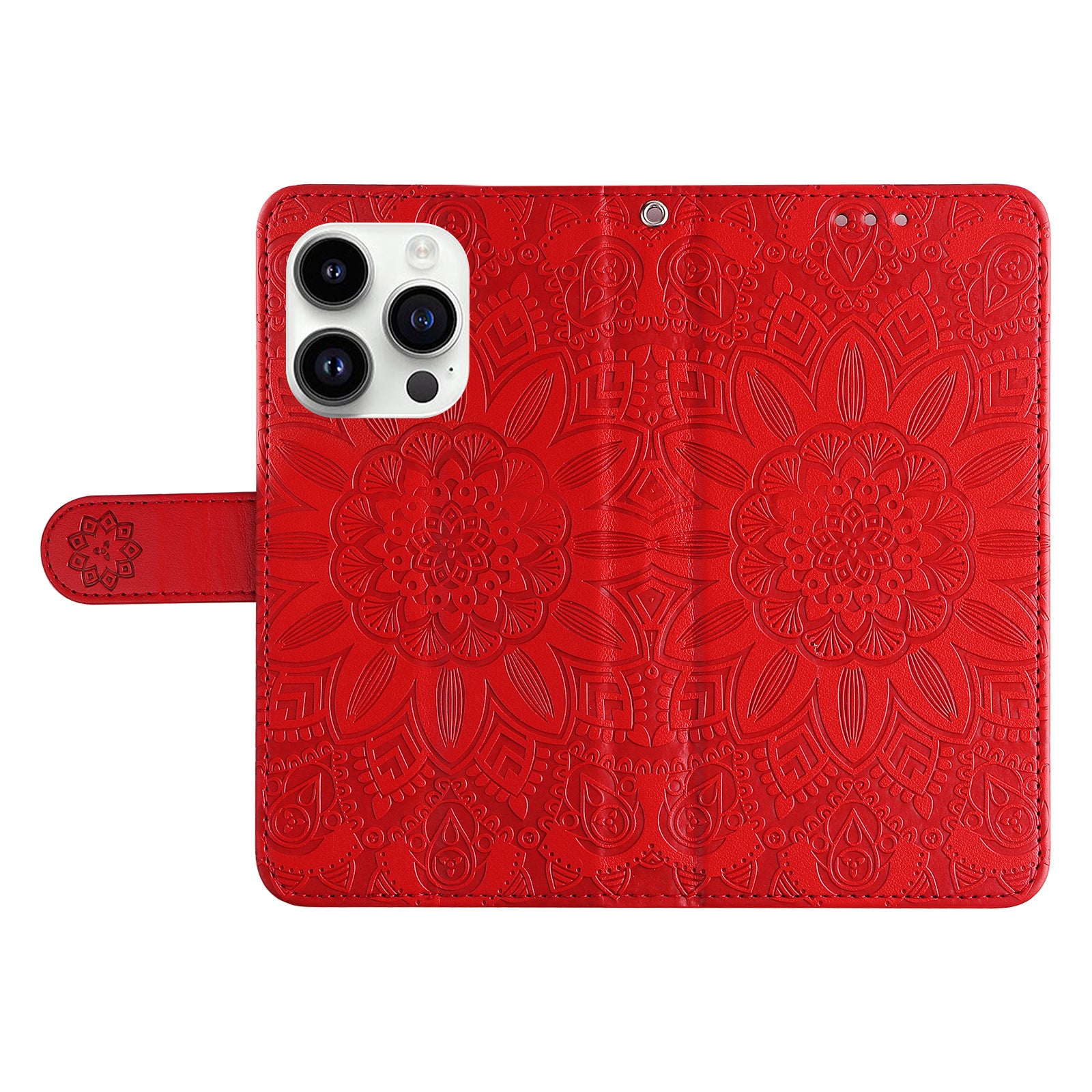 Uniqkart for iPhone 15 Pro Wallet Phone Case Shockproof Sunflower Imprinted Stand PU Leather Cover - Red