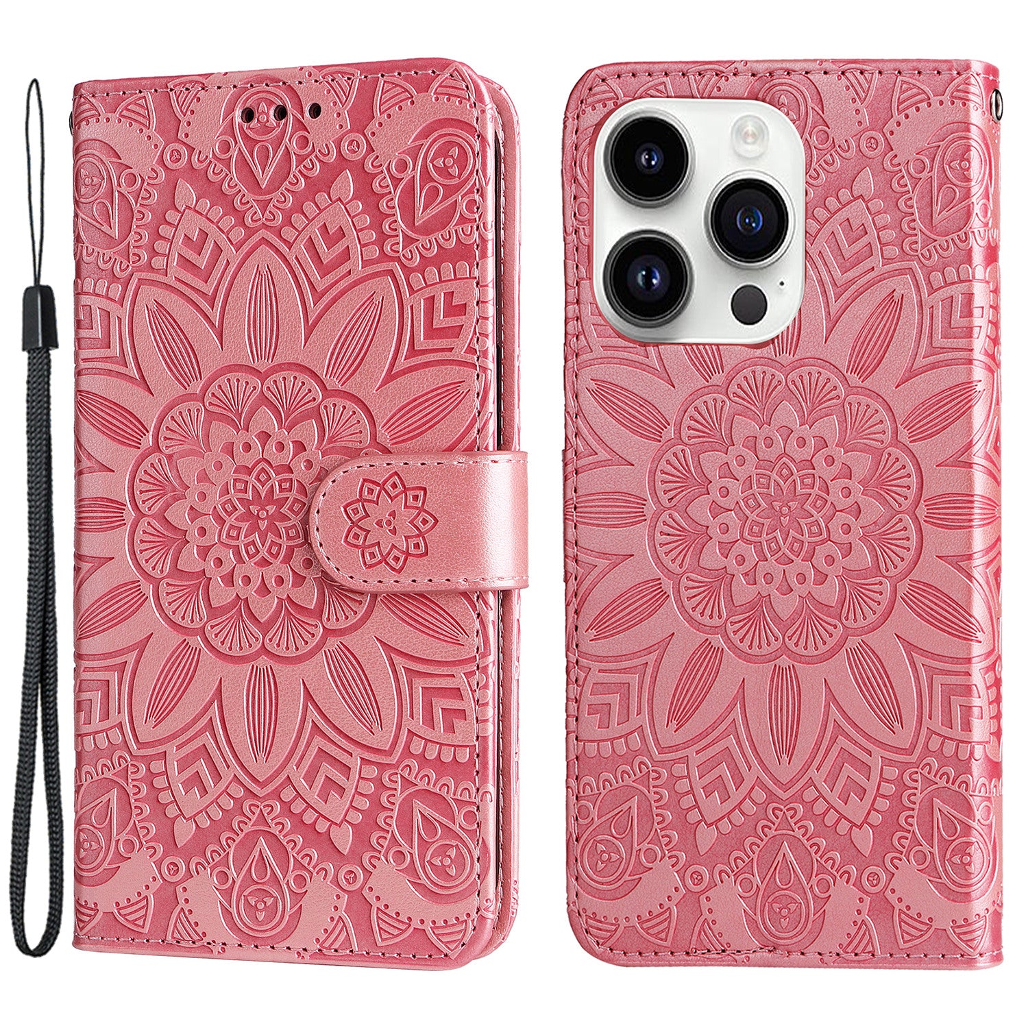 Uniqkart for iPhone 15 Pro Wallet Phone Case Shockproof Sunflower Imprinted Stand PU Leather Cover - Pink